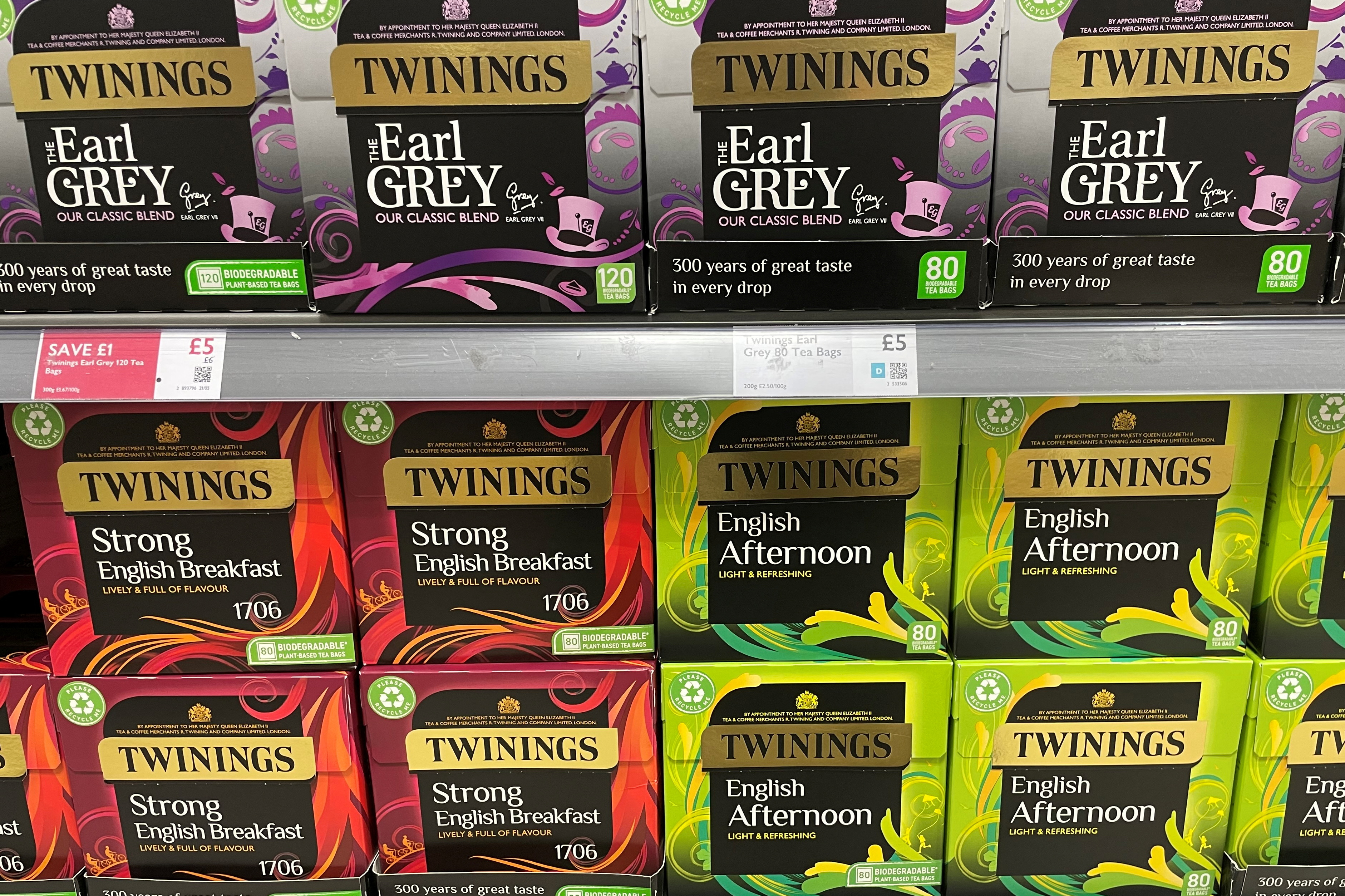 Twinings tea boxes are displayed in London
