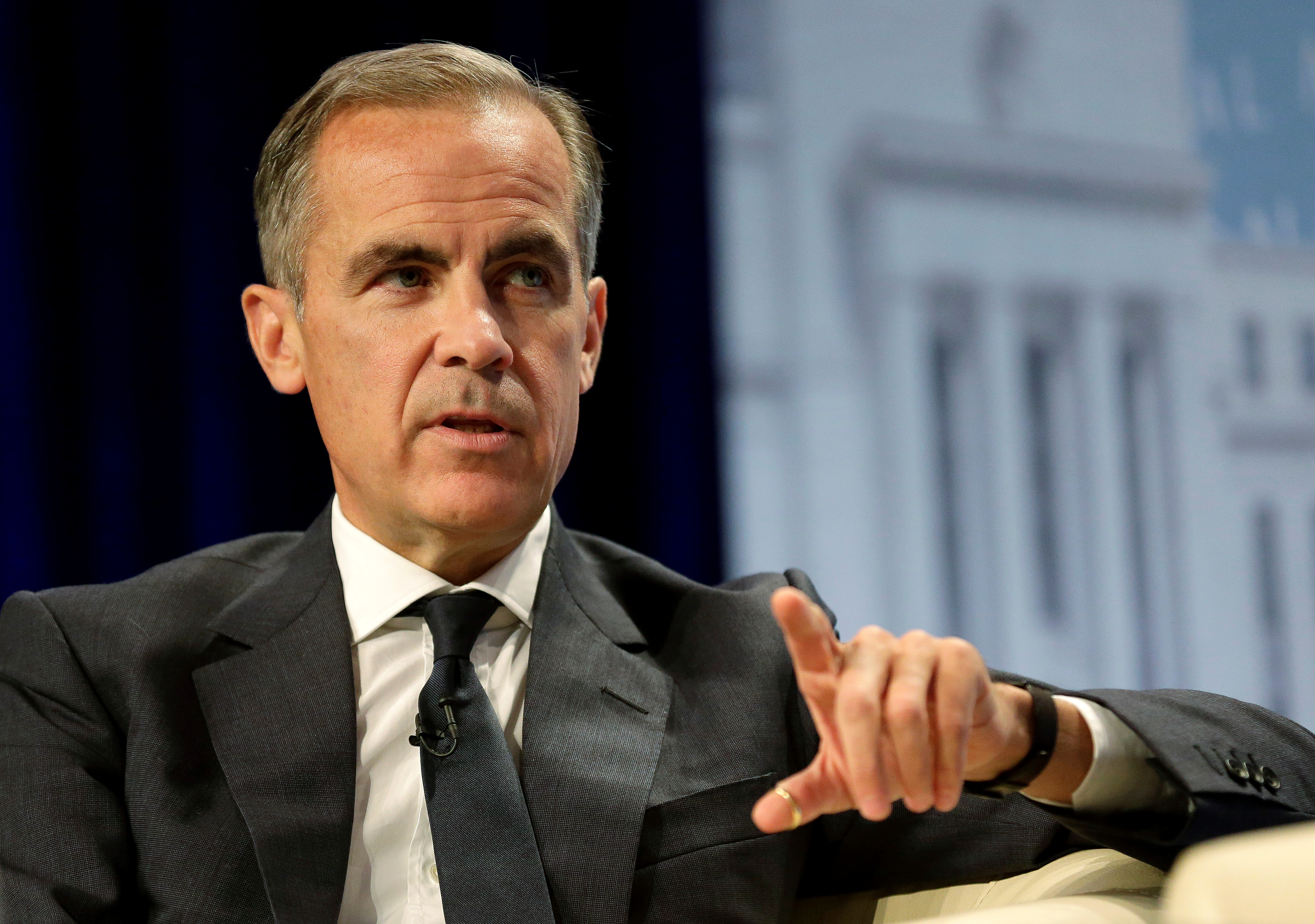 Governor of the Bank of England Mark Carney speaks after delivering the Michel Camdessus Central Banking Lecture at the International Monetary Fund in Washington