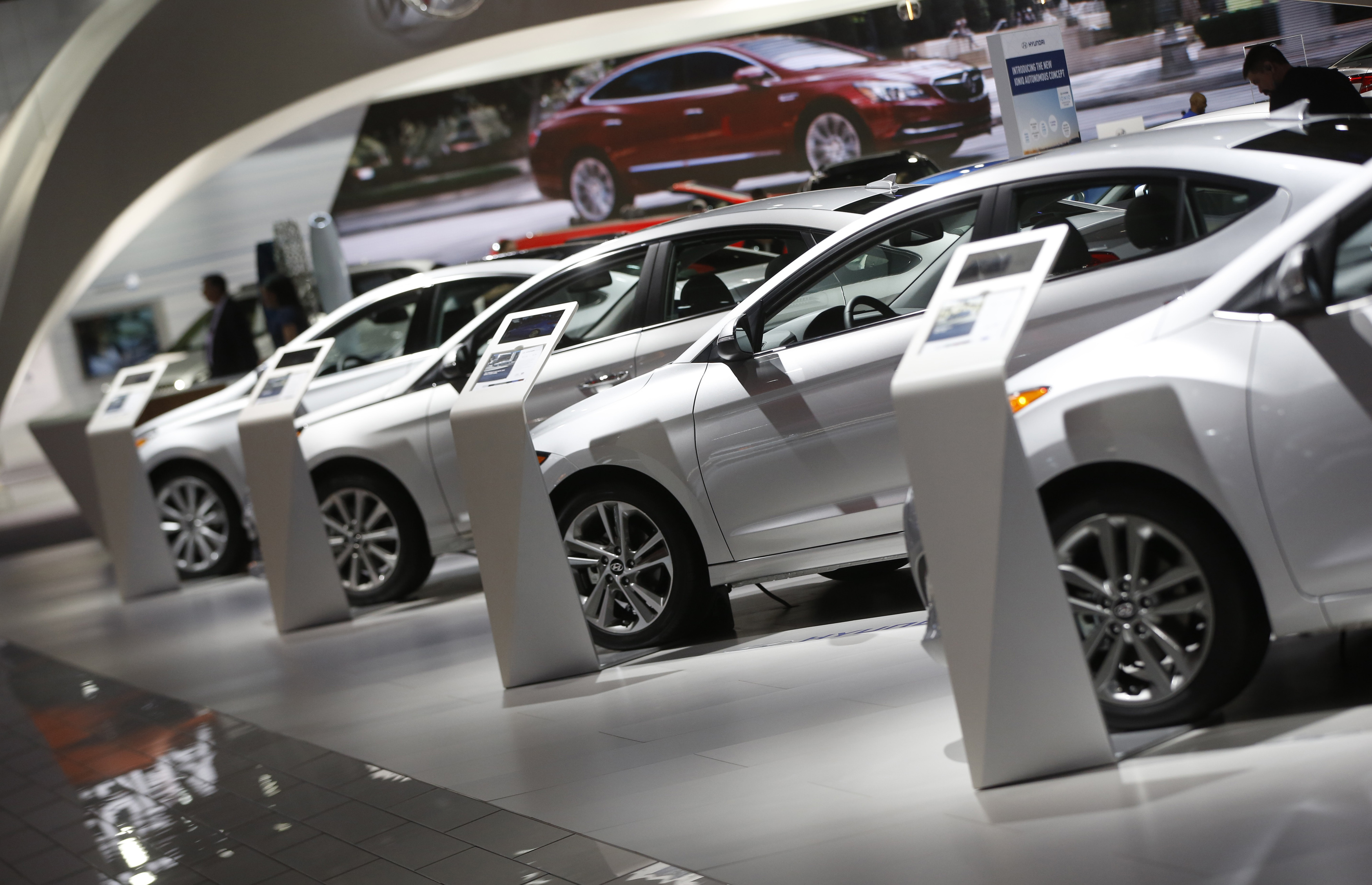 Hyundai vehicles are lined up in the company's presentation area during the North American International Auto Show in Detroit