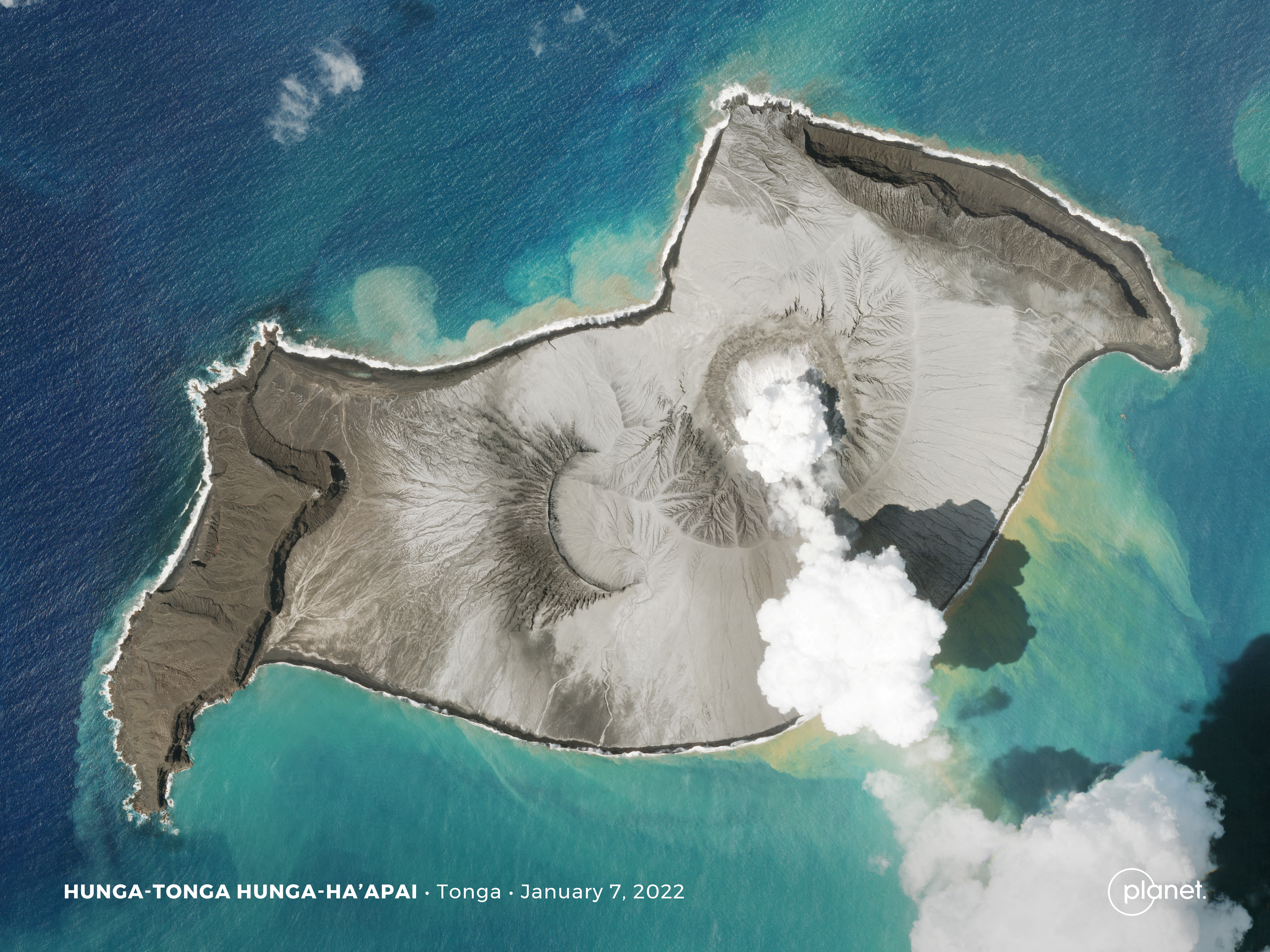 A Planet SkySat image shows a plume of smoke rising from the underwater volcano Hunga Tonga-Hunga Ha'apai before its eruption