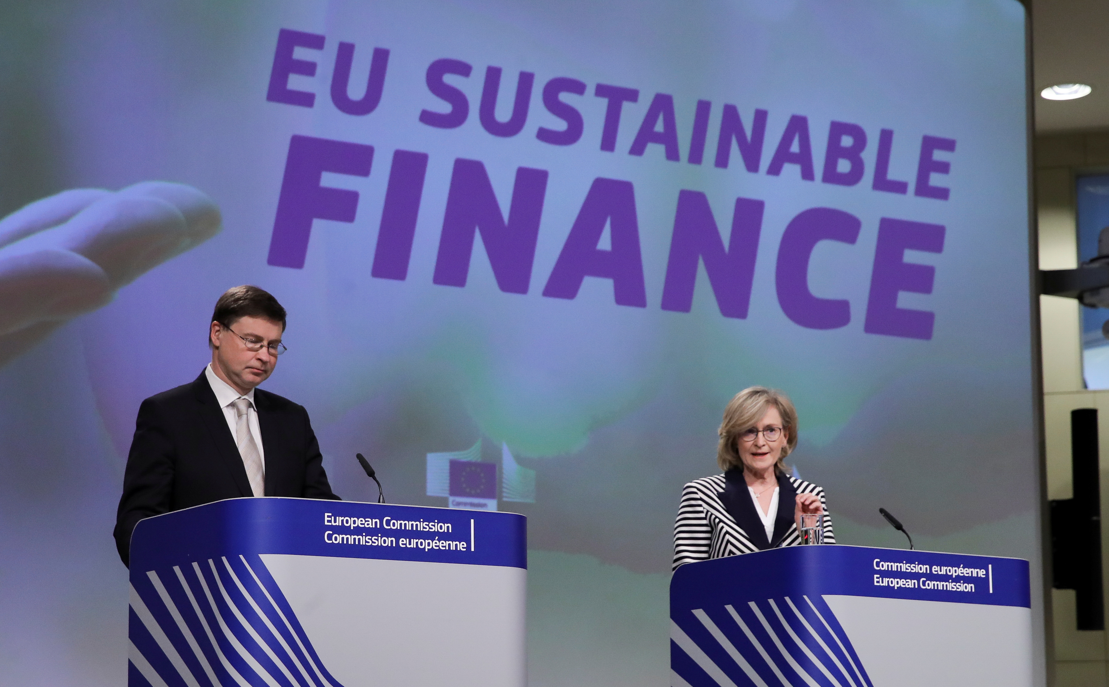 EU Vice-President Dombrovskis and Commissioner McGuinness present green finance rules, in Brussels