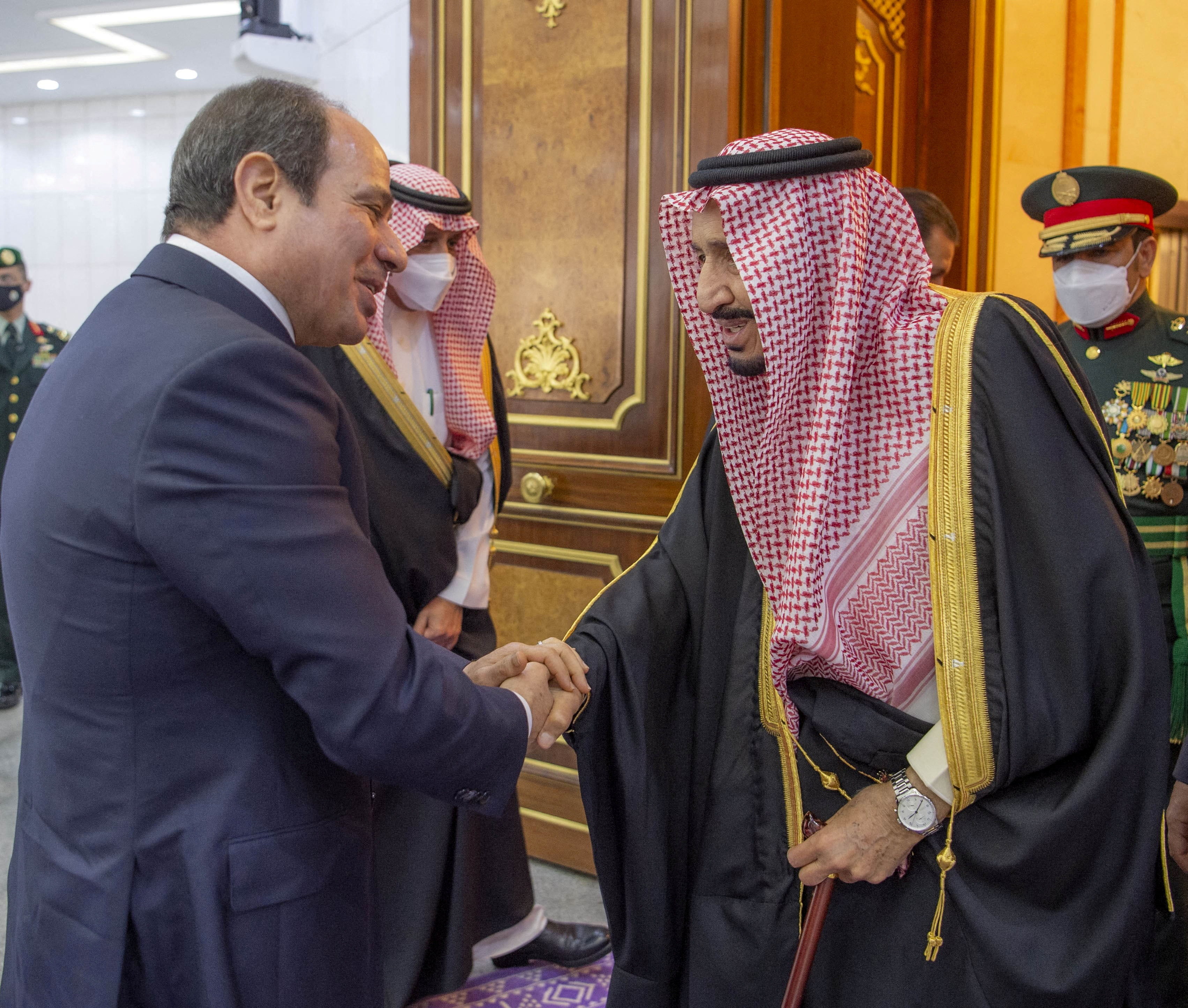 King of Saudi Arabia Salman bin Abdulaziz Al Saud meets Egyptian President Abdel Fattah al-Sisi during his visit to Riyadh