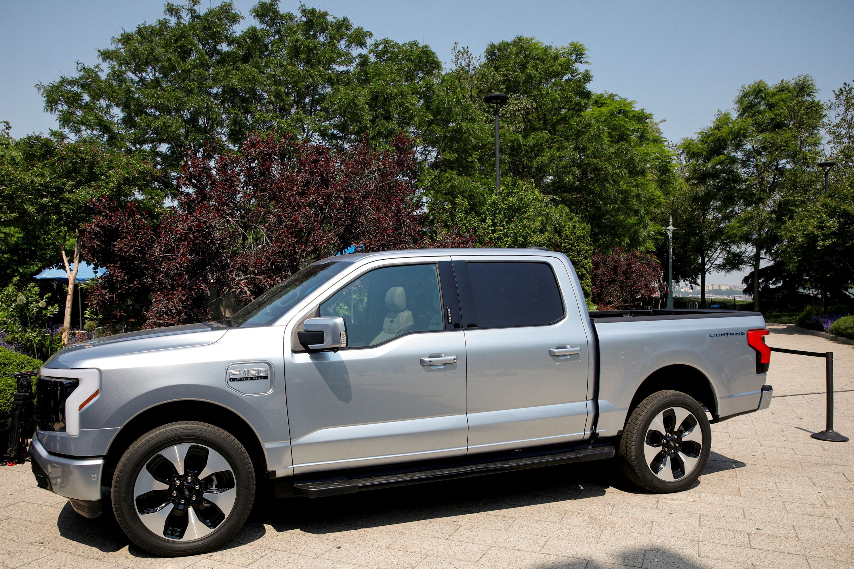 The Ford F-150 Lightning pickup truck is seen during a press event in New York