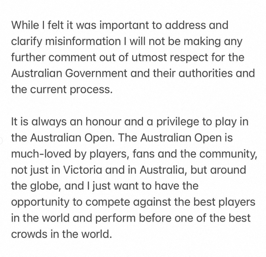 The sixth and last slide of a statement published by Serbian tennis player Novak Djokovic on his Instagram account is seen in this screen shot obtained from social media, January 12, 2022. Instagram/DjokerNole/via REUTERS 