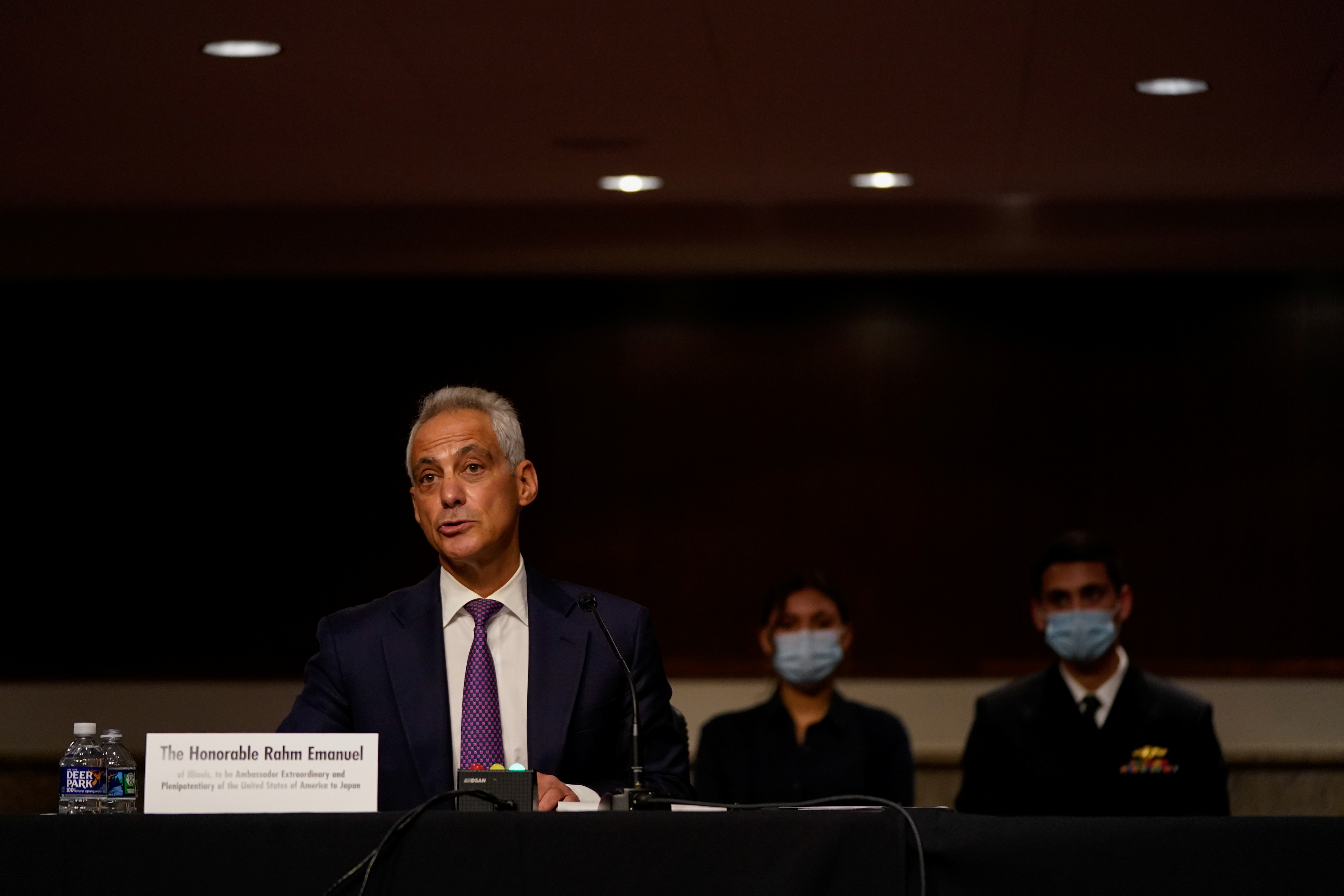 Former Chicago Mayor Rahm Emanuel gives his opening statement during the Senate Foreign Relations Committee hearing on his nomination to be the United States Ambassador to Japan, on Capitol Hill in Washington, U.S., October 20, 2021. REUTERS/Elizabeth Frantz