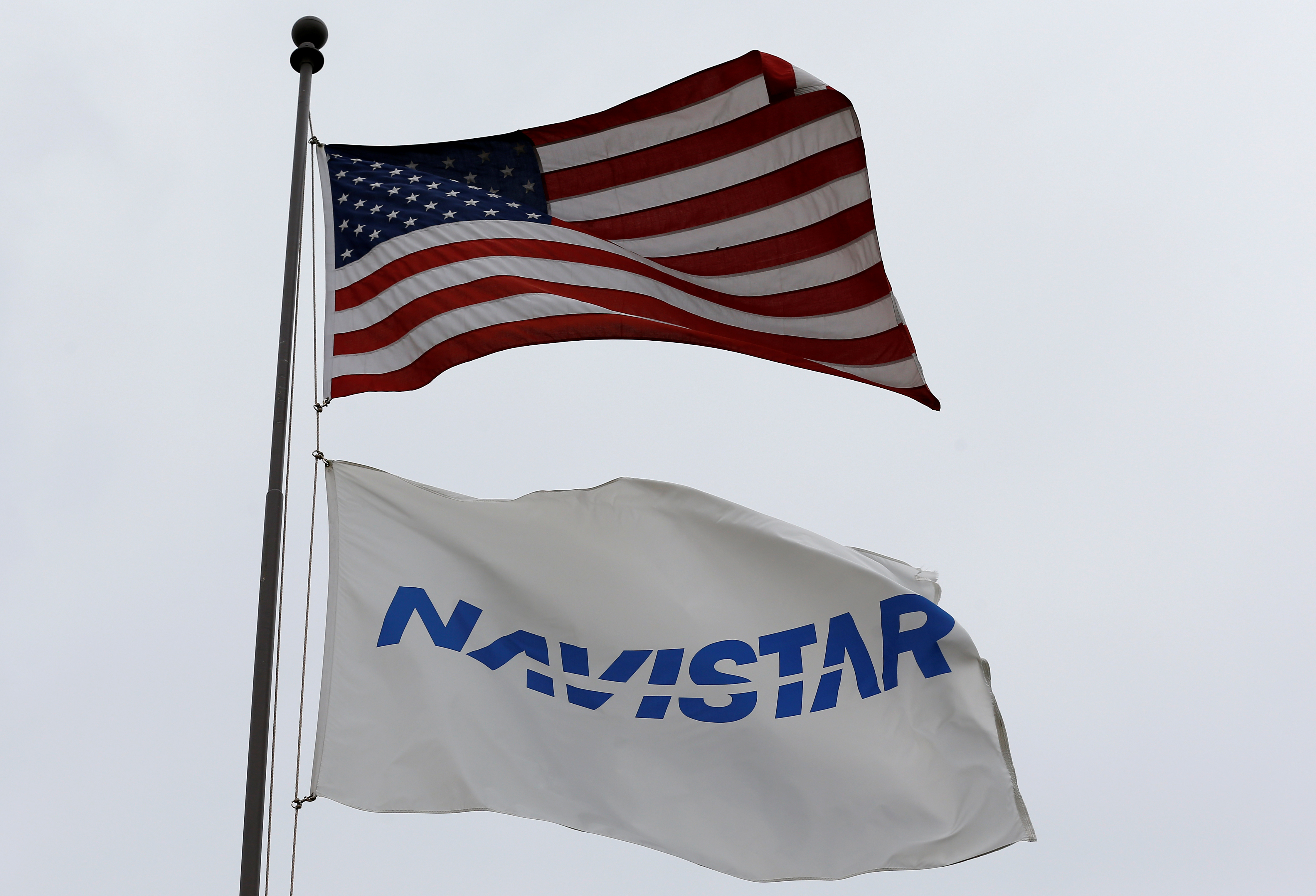 Flags fly outside the Navistar Proving Grounds in New Carlisle