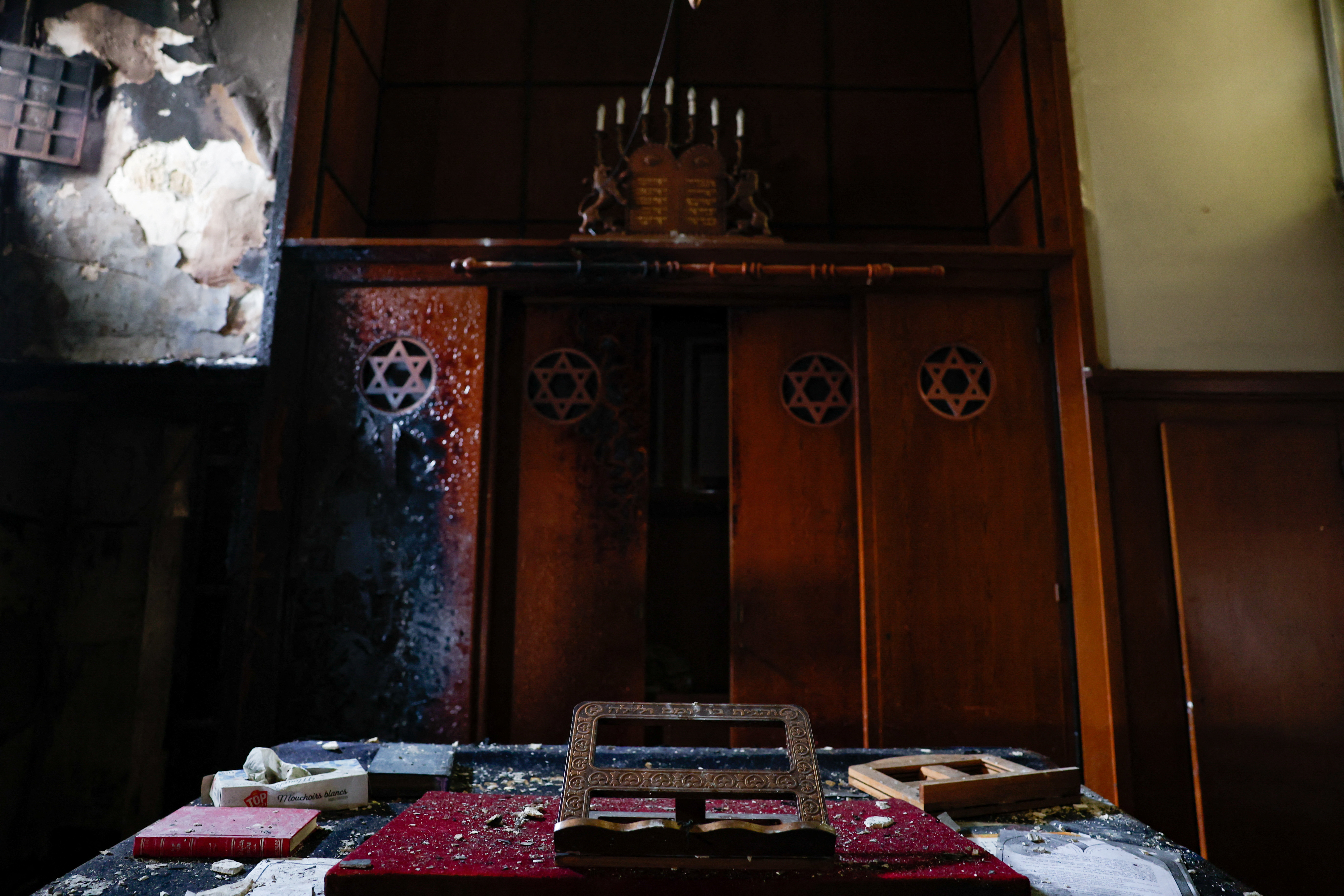 A view of the inside of the synagogue after police shot dead an armed man who set fire to the city's synagogue in Rouen