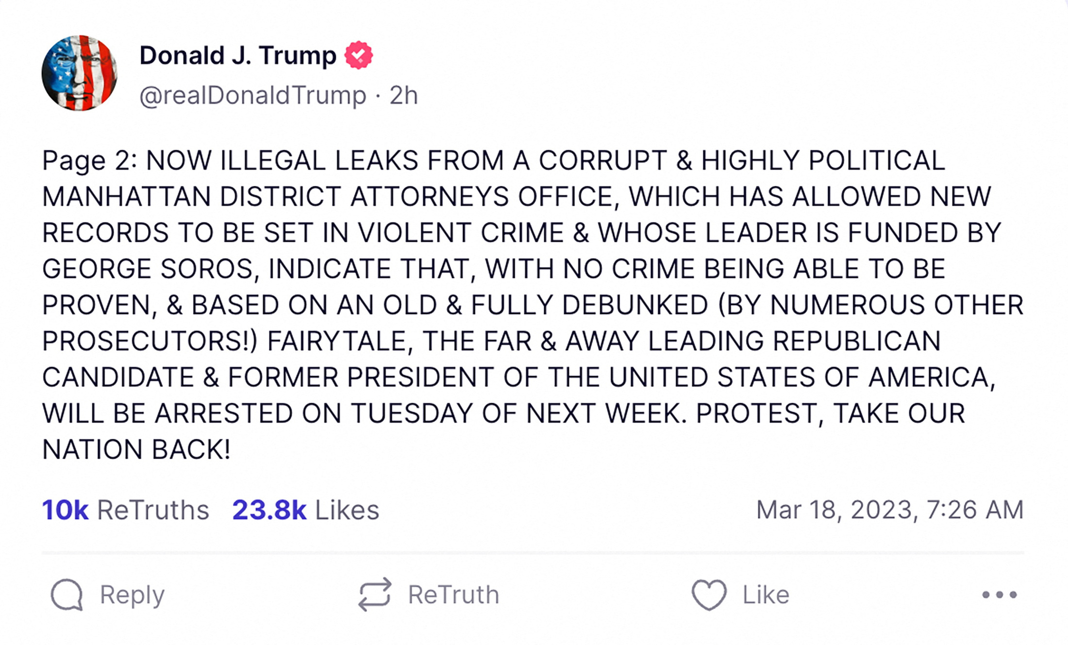 Message on Truth Social account of former U.S. President Donald Trump reads that he expects to be arrested