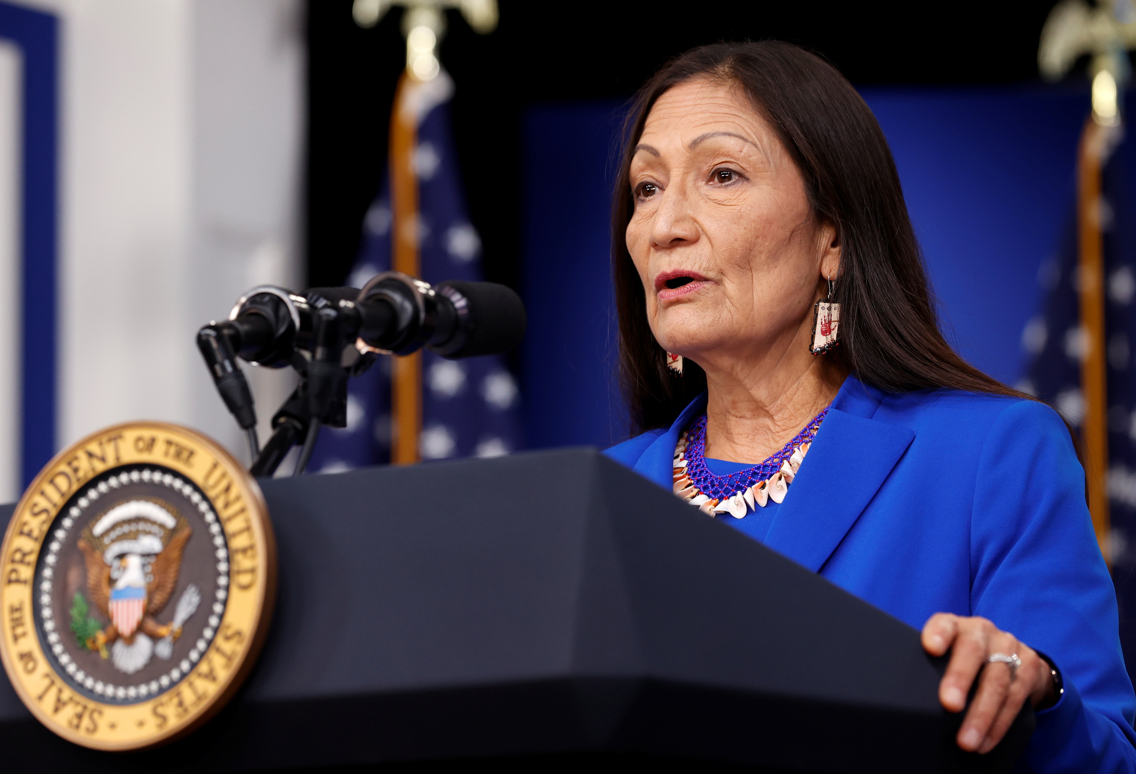 U.S. Interior Secretary Haaland addresses the Tribal Nations Summit at a White House auditorium, in Washington