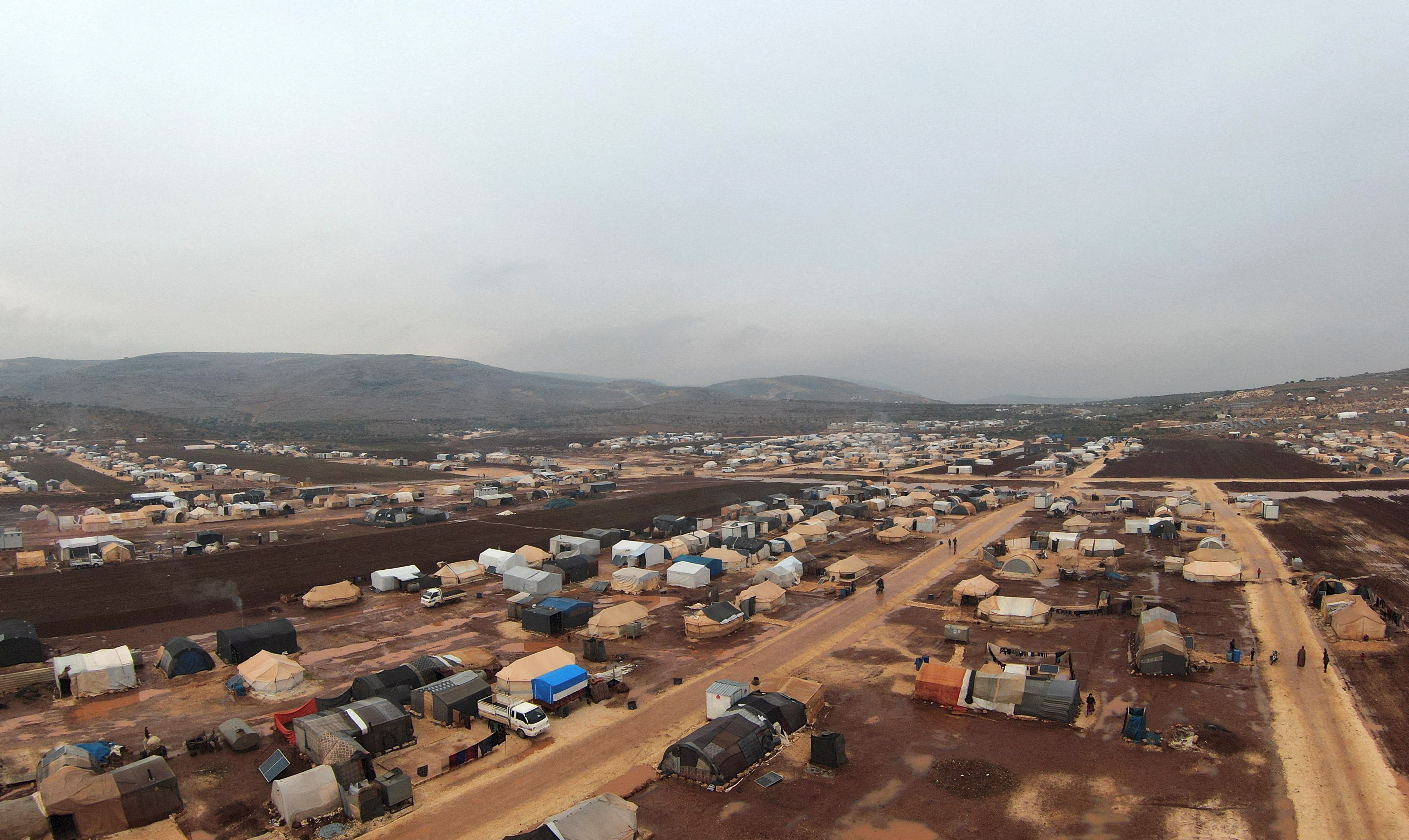 Aerial view of Kafr Arouk camp for internally displaced after a heavy rainfall in Idlib