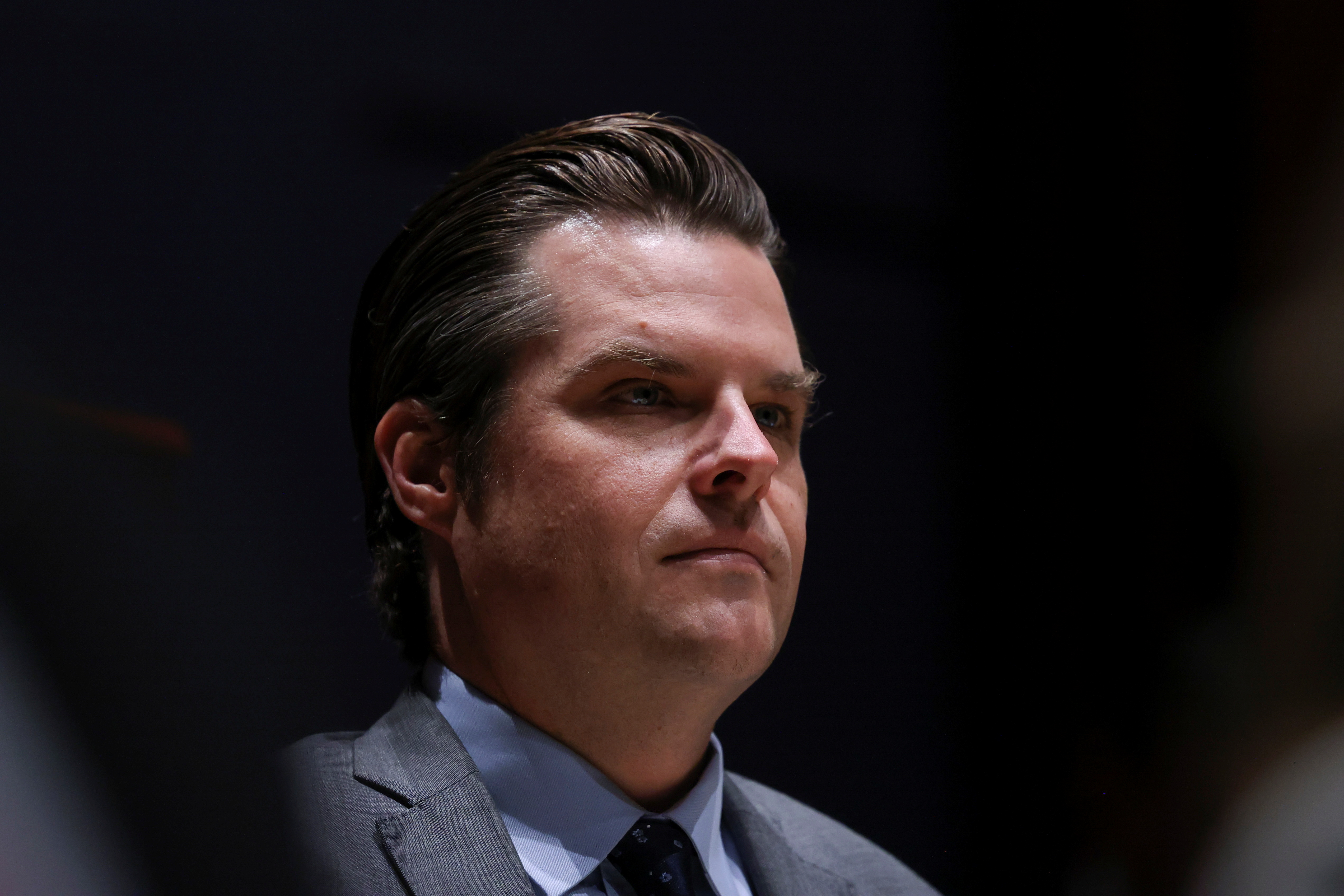 Rep Gaetz listens as FBI Director Christopher Wray testifies before the House Judiciary Committee on Capitol Hill in Washington
