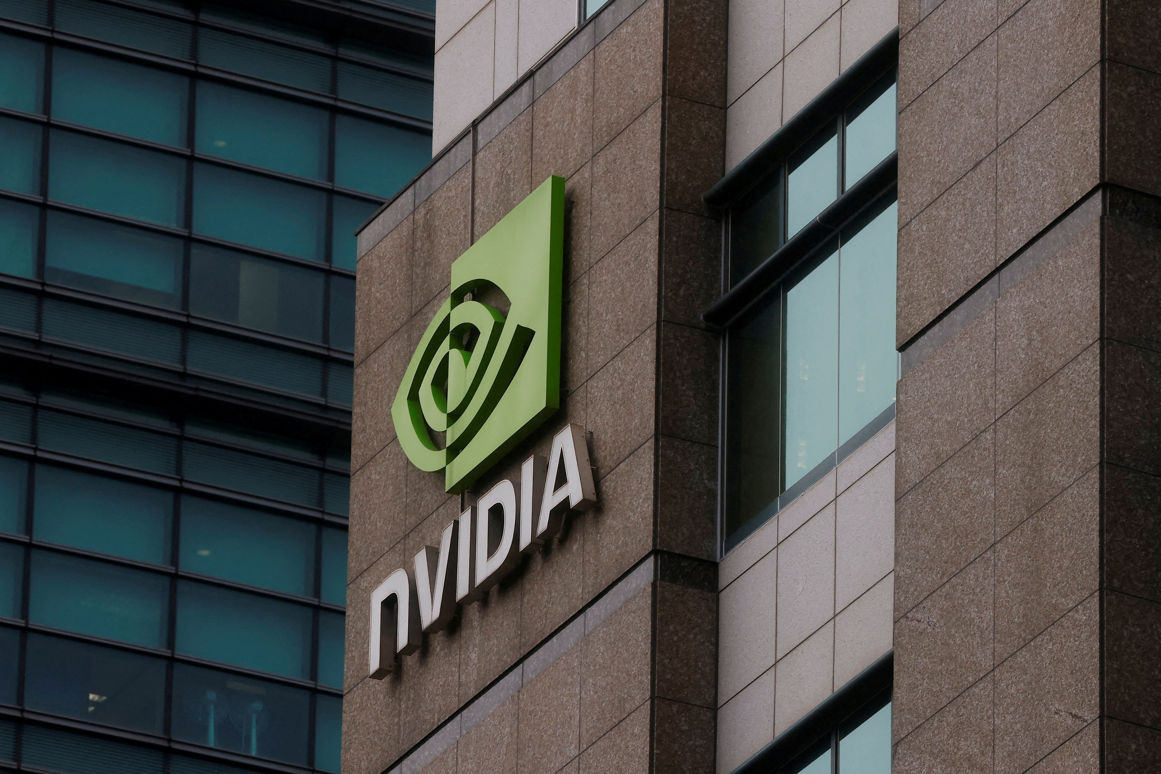 A view of the Nvidia logo at their headquarters in Taipei