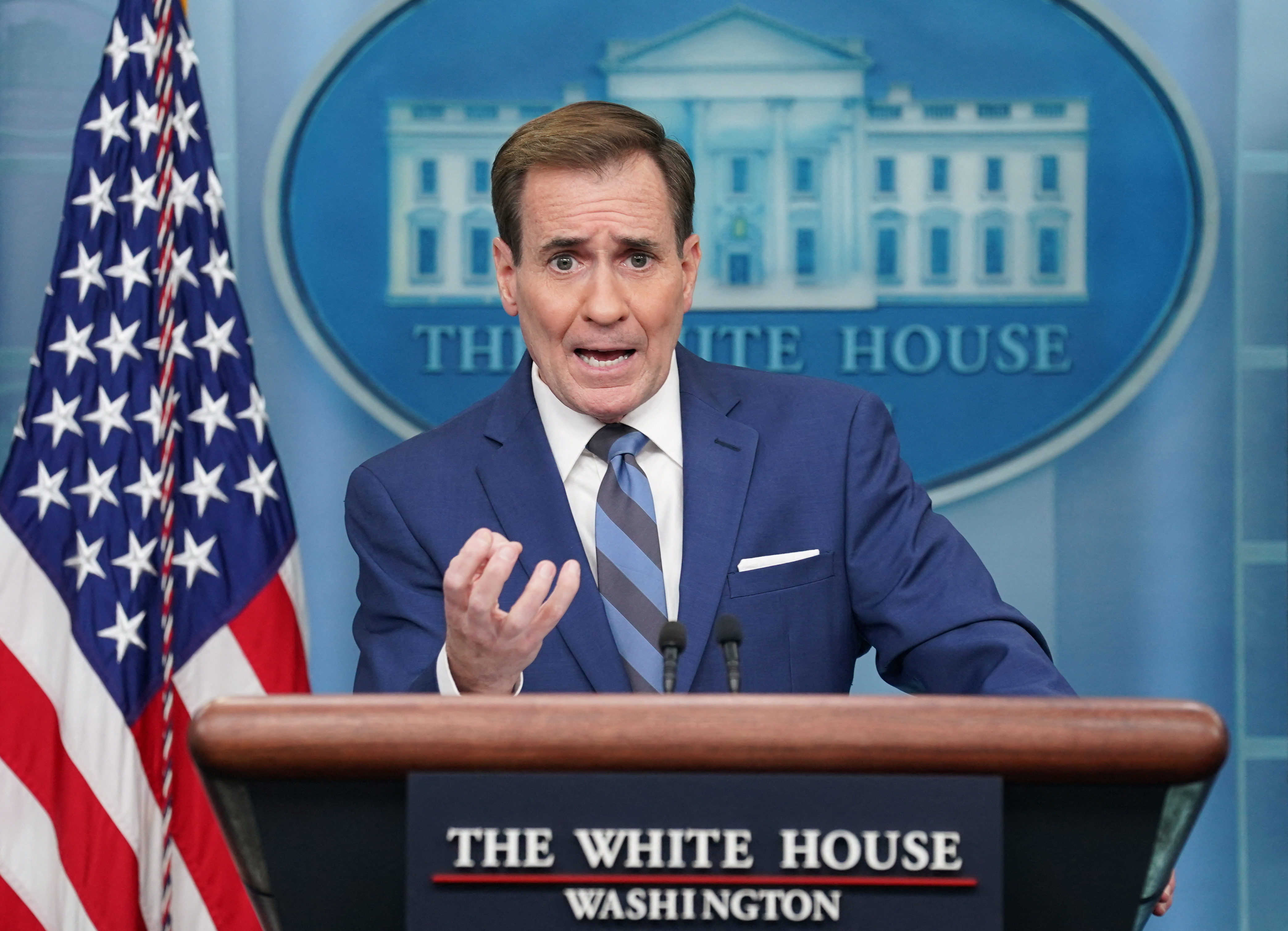 John Kirby speaks at a press briefing at the White House in  Washington