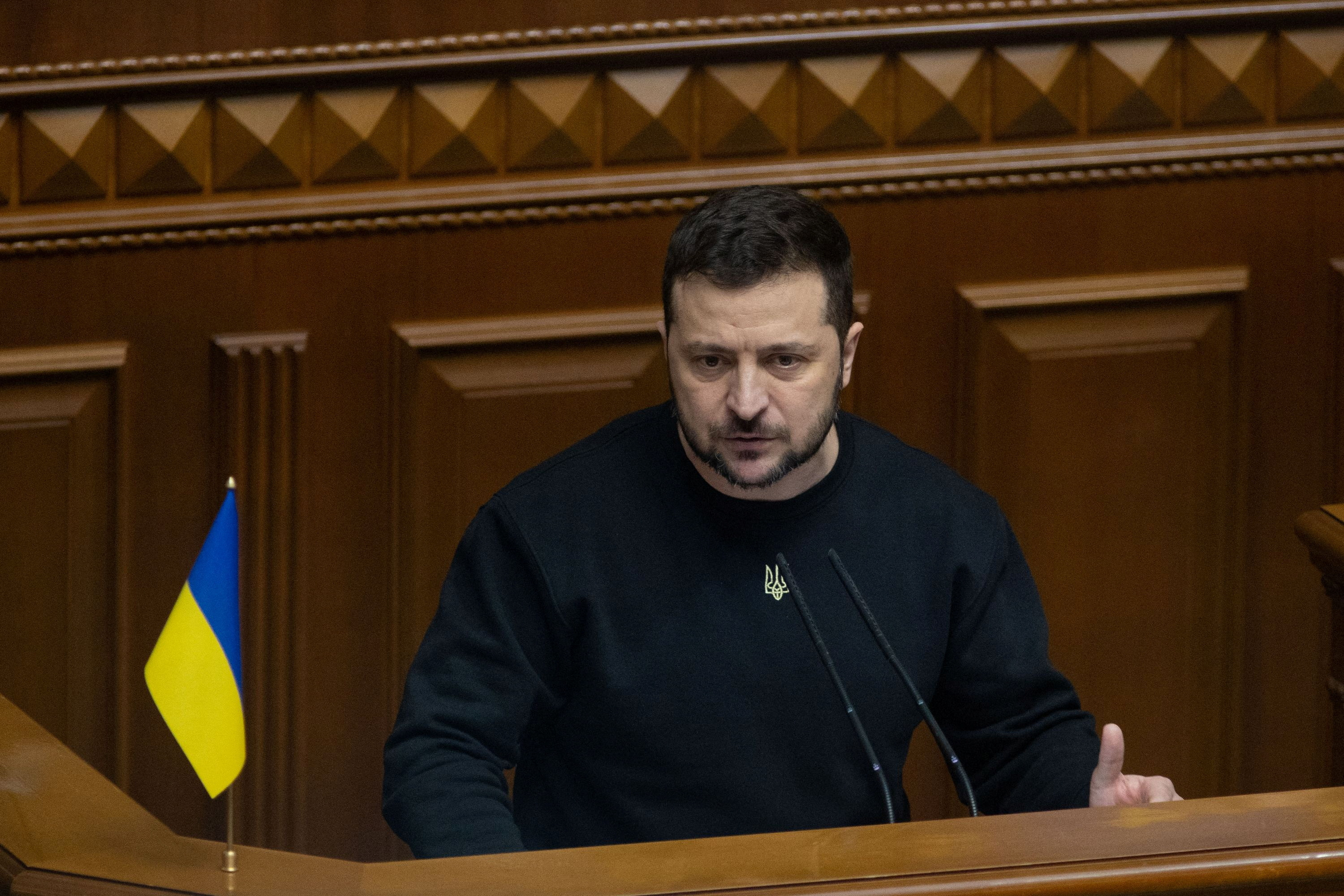 Ukraine's President Zelenskiy delivers his annual speech to lawmakers during a session of the Parliament in Kyiv