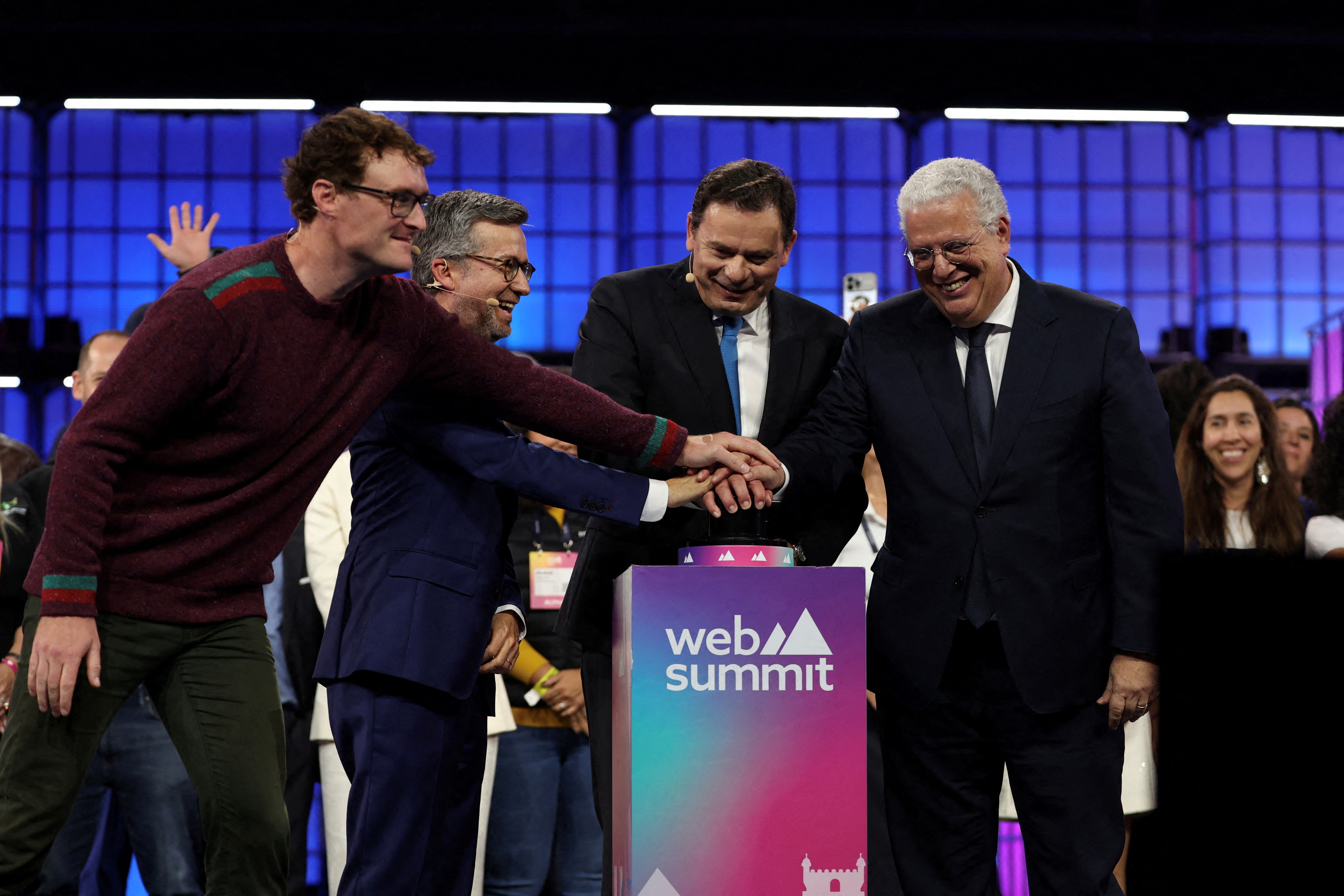 The Web Summit's co-founder and CEO Paddy Cosgrave, Lisbon's Mayor Carlos Moedas, Portugal's Prime Minister Luis Montenegro and Portugal's Economy Minister Pedro Reis attend the opening ceremony of the Web Summit, in Lisbon, Portugal, November 11, 2024. REUTERS/Pedro Nunes