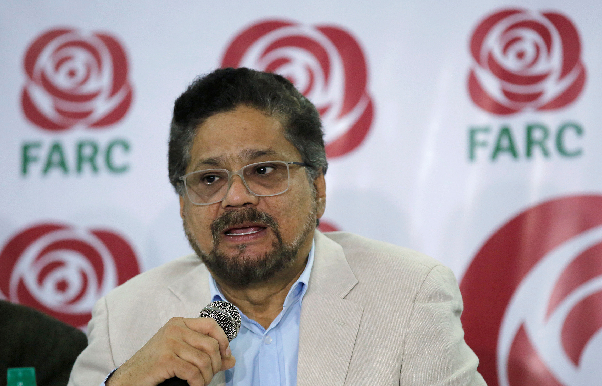 Colombia's Marxist FARC Ivan Marquez speaks during a news conference in Bogota