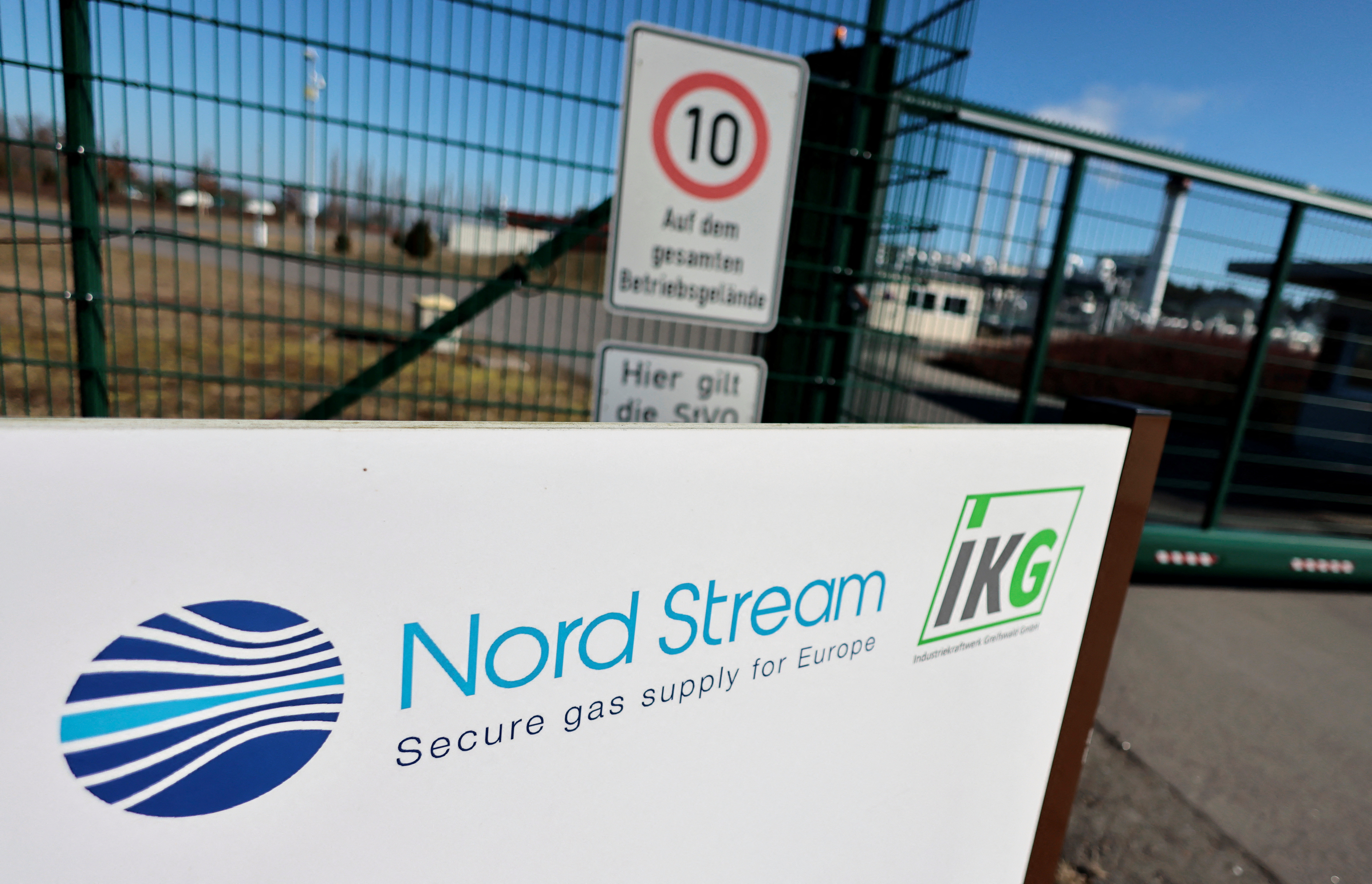The logo of the landfall facilities of the 'Nord Stream 1' gas pipline in Lubmin