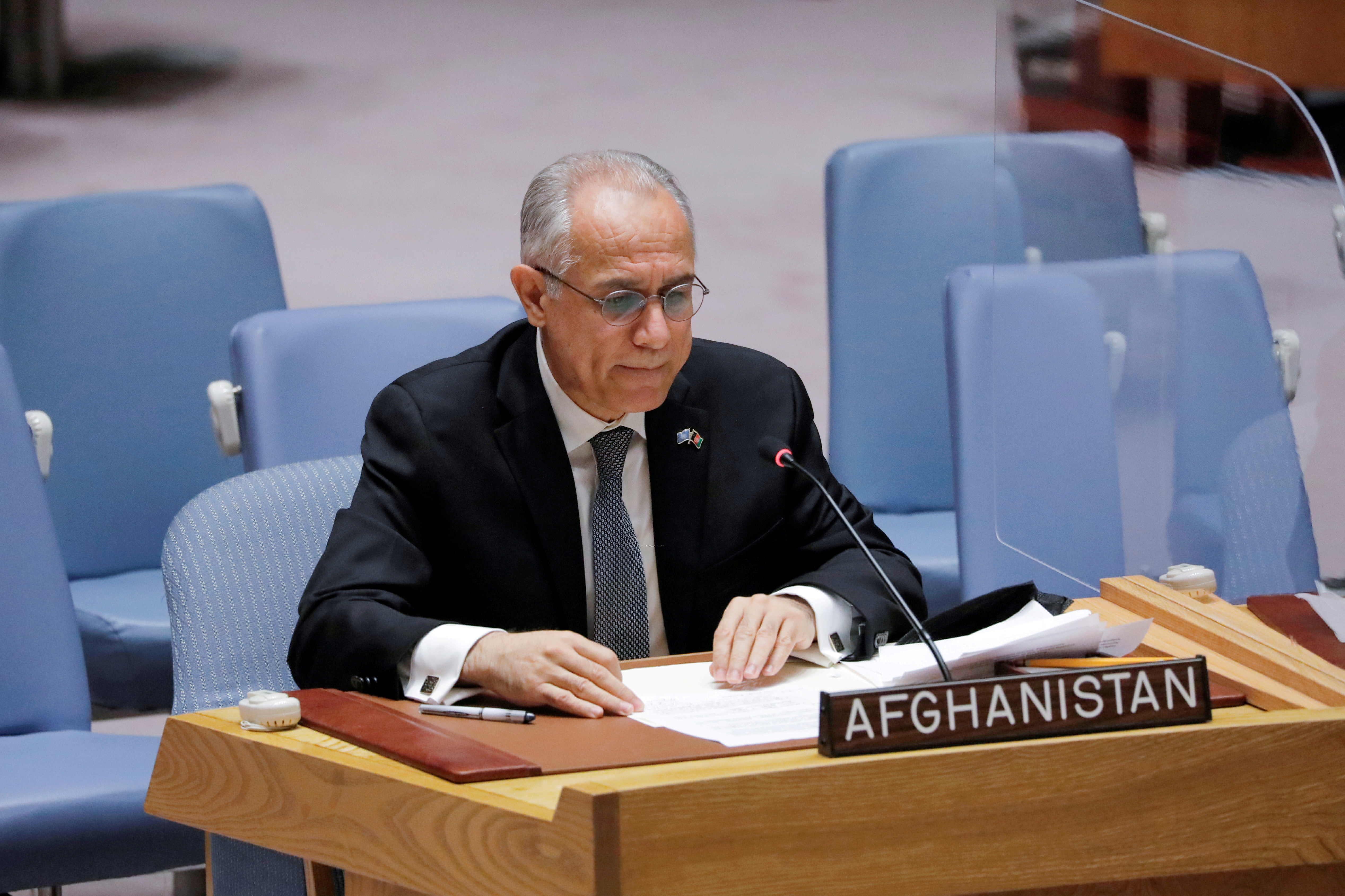 Afghanistan's U.N. ambassador Ghulam Isaczai addresses the United Nations Security Council