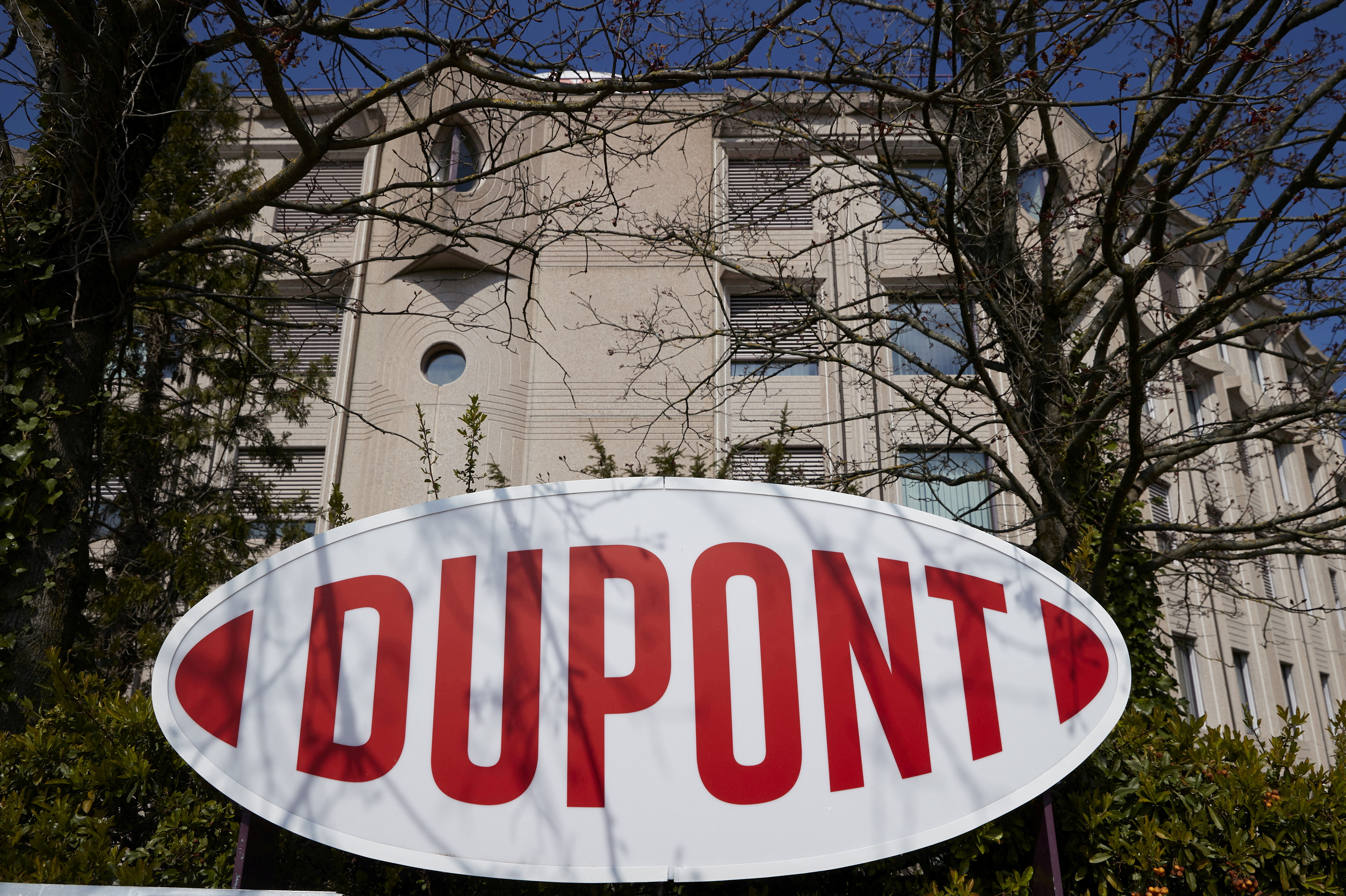 A logo is pictured outside of Dupont offices in Geneva