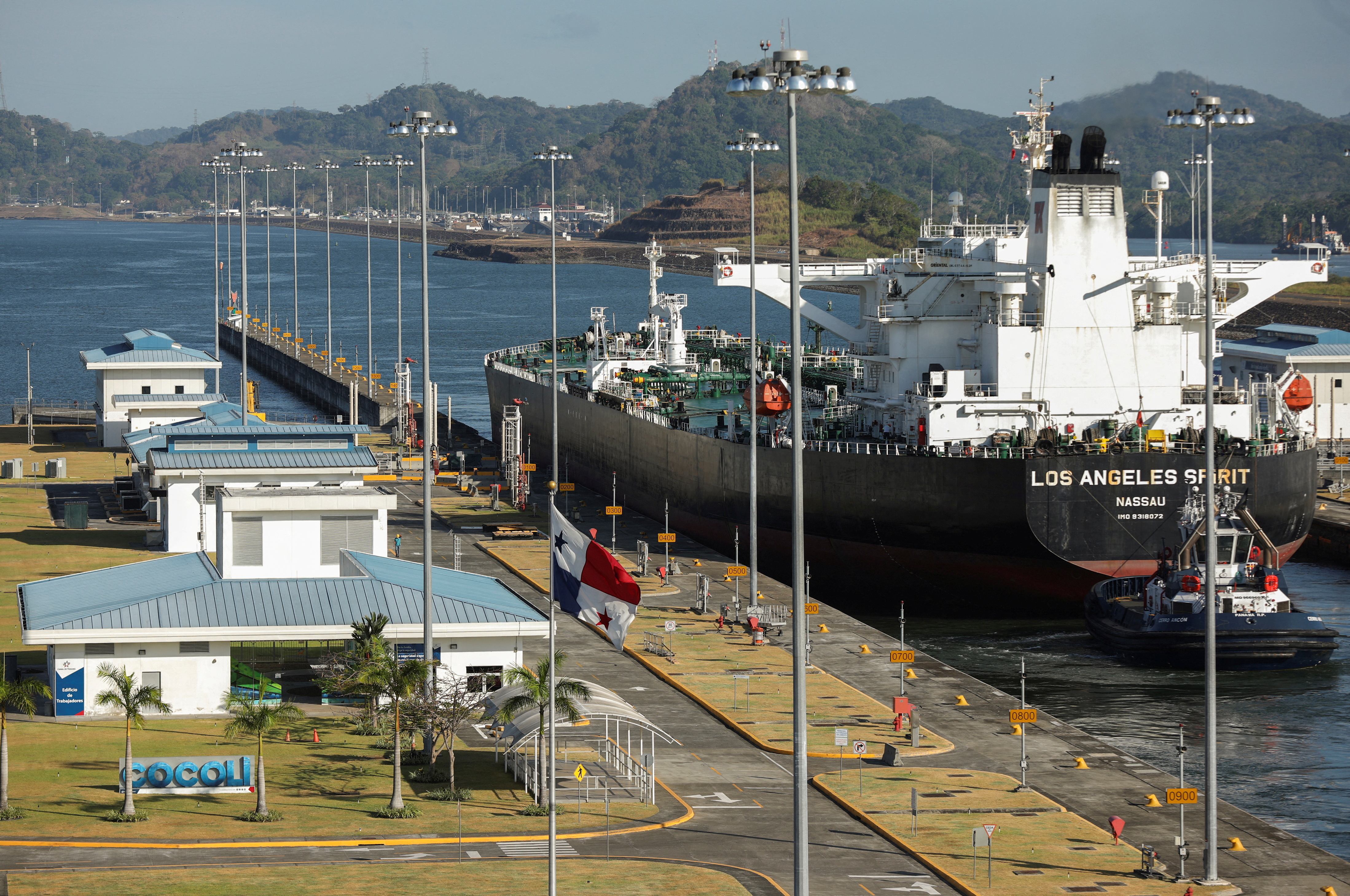 Cargo vessels transit through the Panama Canal, on the outskirts of Panama City