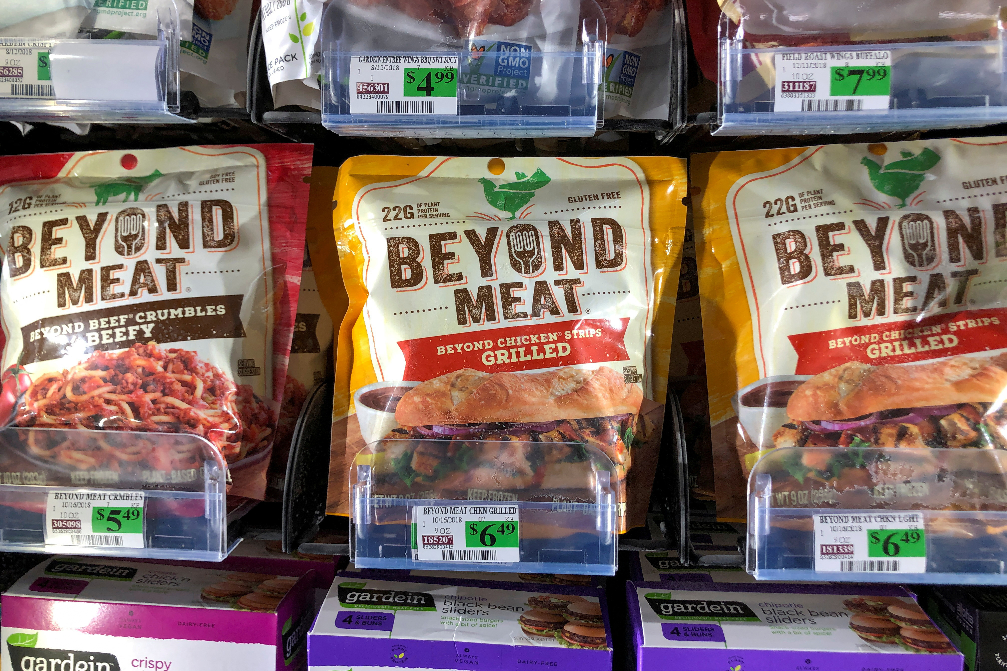 Products from Beyond Meat Inc, the vegan burger maker, are shown for sale at a market in Encinitas, California