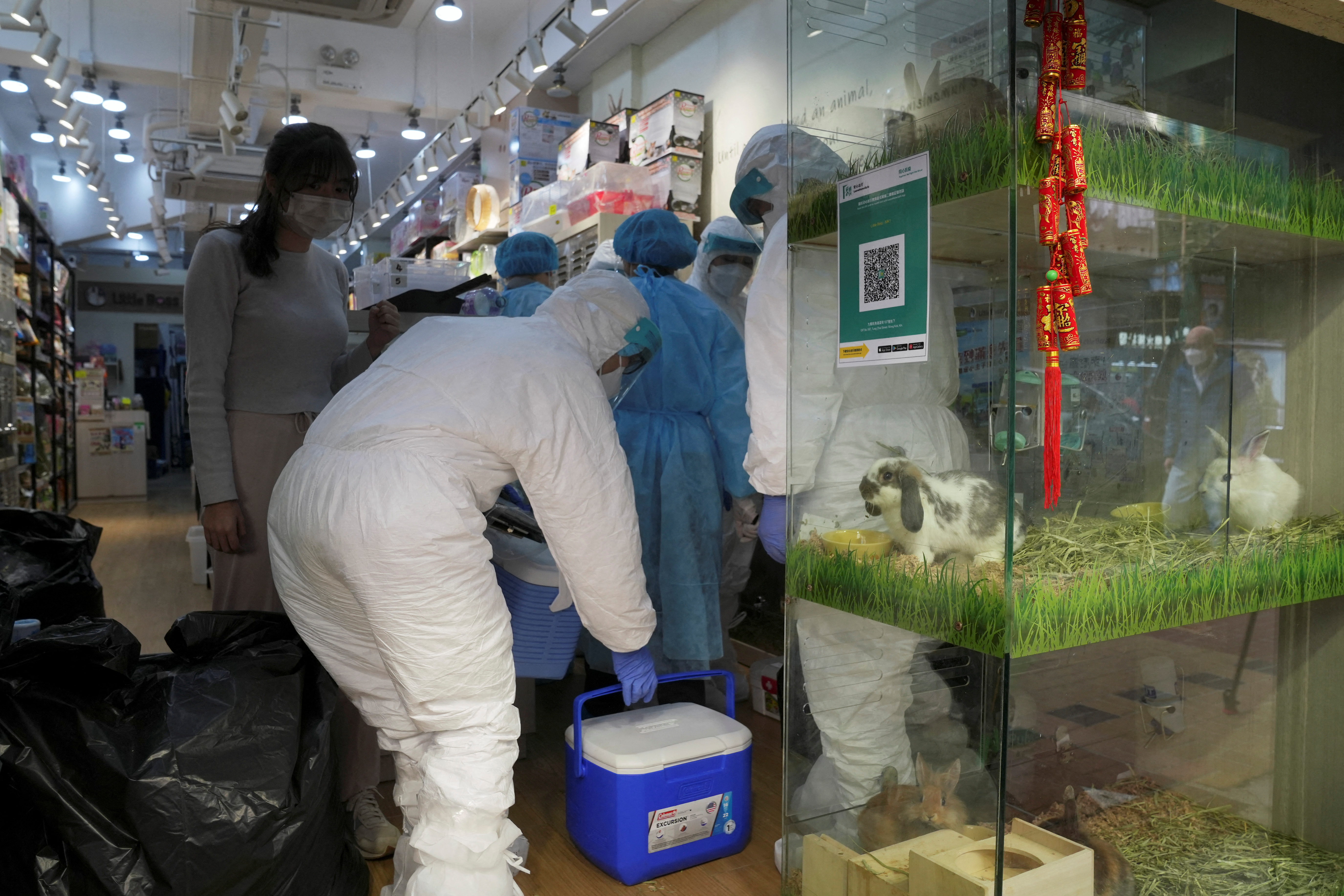 Officers in protective suits at a closed pet shop in Hong Kong