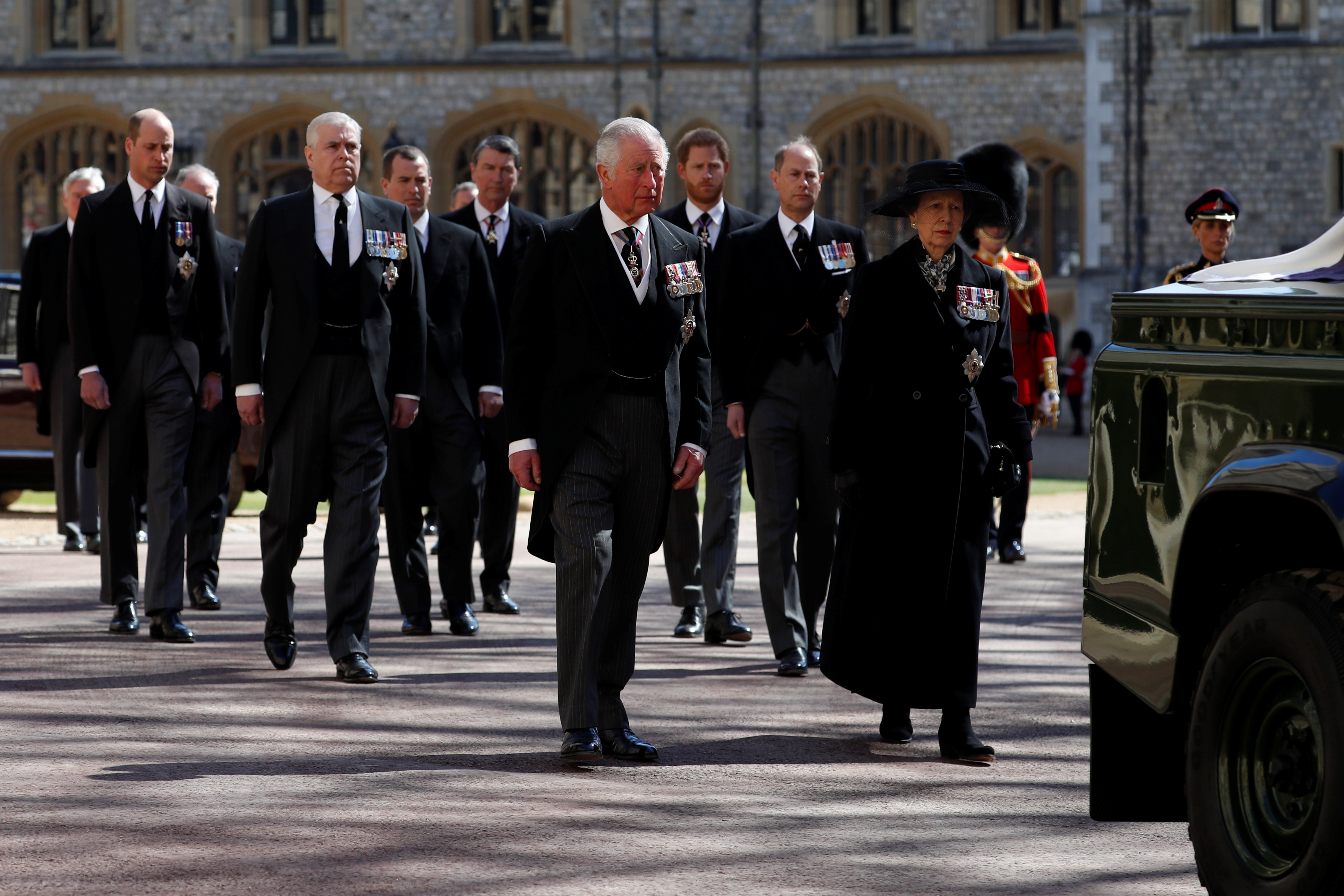 Prince Philip makes final journey followed by Charles, William and Harry 6 Britain's Prince Charles, Britain's Princess Anne and members of the Royal Family walk behind the hearse on the grounds of Windsor Castle during the funeral of Britain's Prince Philip, husband of Queen Elizabeth, who died at the age of 99, in Windsor, Britain, April 17, 2021. Alastair Grant/Pool via REUTERS