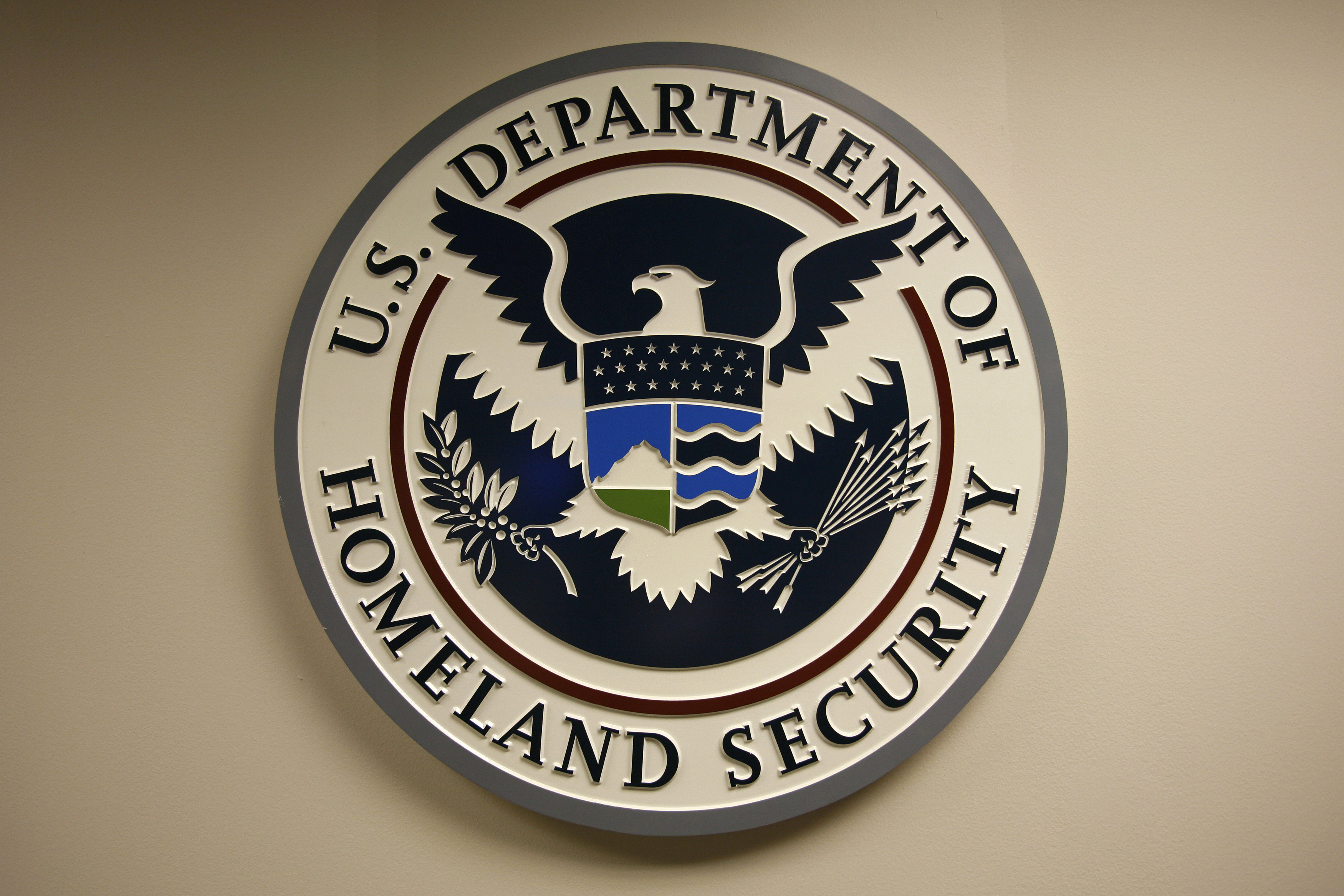 U.S. Department of Homeland Security emblem is pictured at the National Cybersecurity & Communications Integration Center in Arlington Virginia
