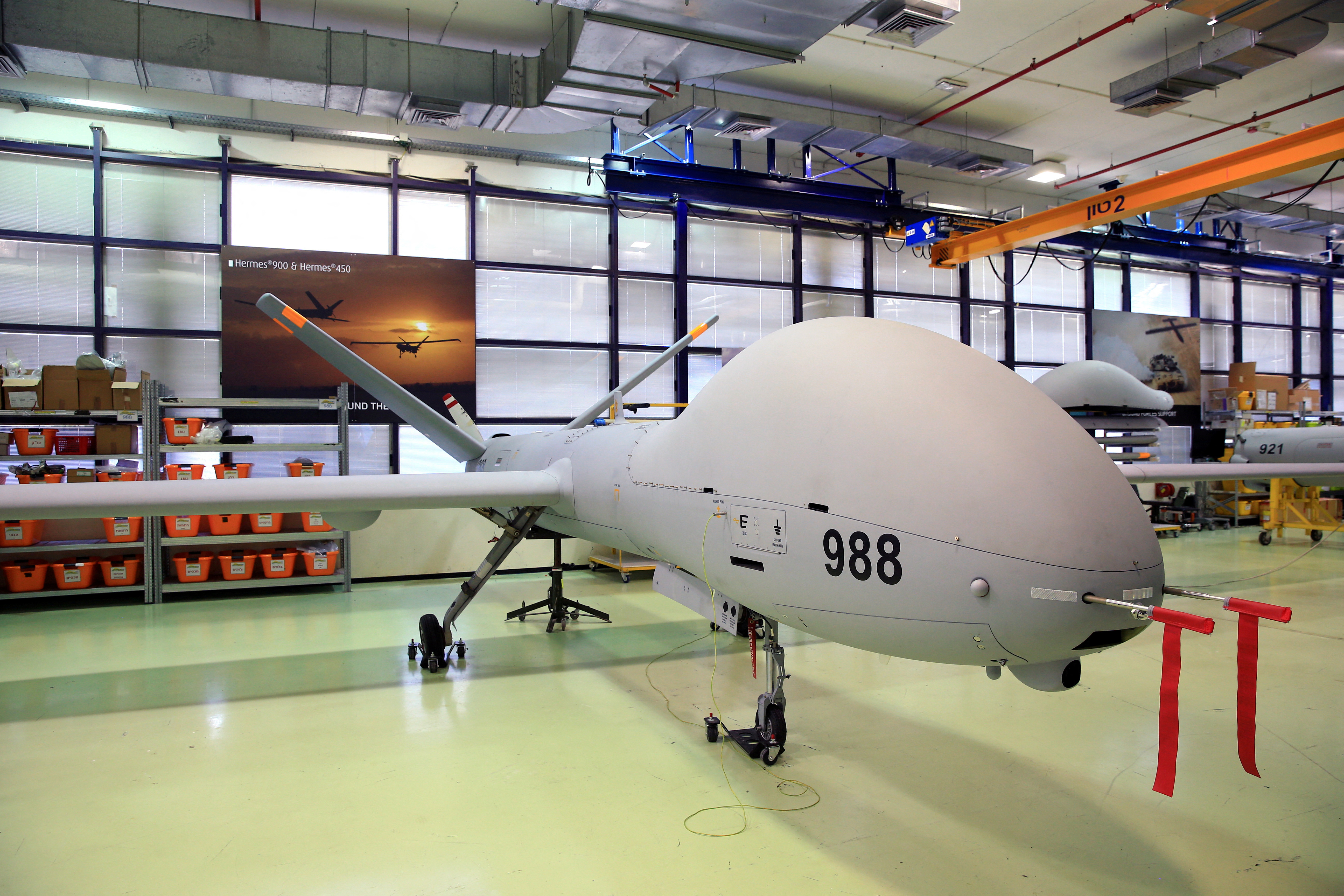 An Elbit Systems Ltd. Hermes 900 unmanned aerial vehicle (UAV) is seen at the company's drone factory in Rehovot