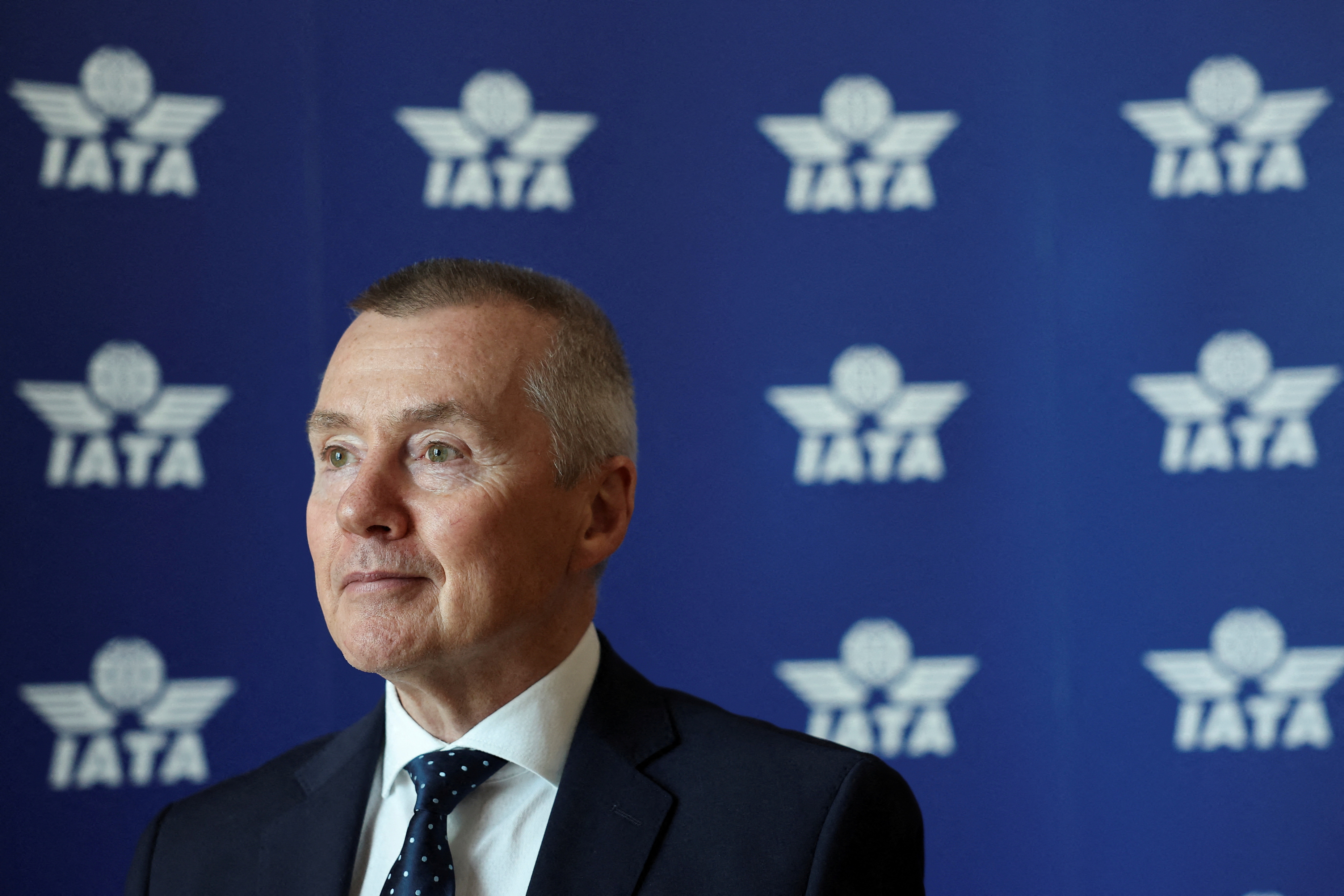 IATA Director General Willie Walsh looks on during an interview with Reuters in Dubai