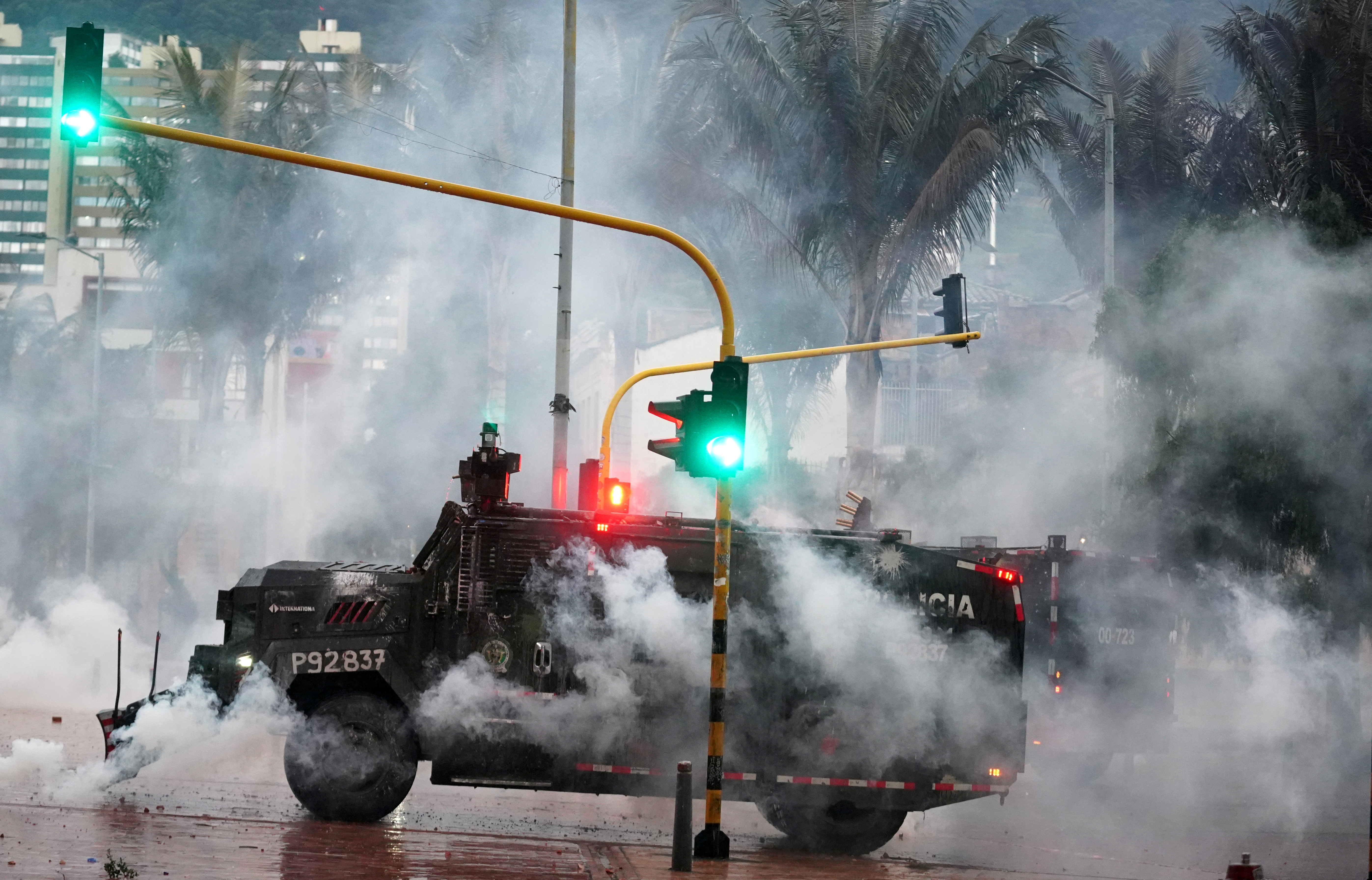 A police armored vehicle is pictured during a protest against poverty and police violence in Bogota, Colombia May 5, 2021. REUTERS/Nathalia Angarita