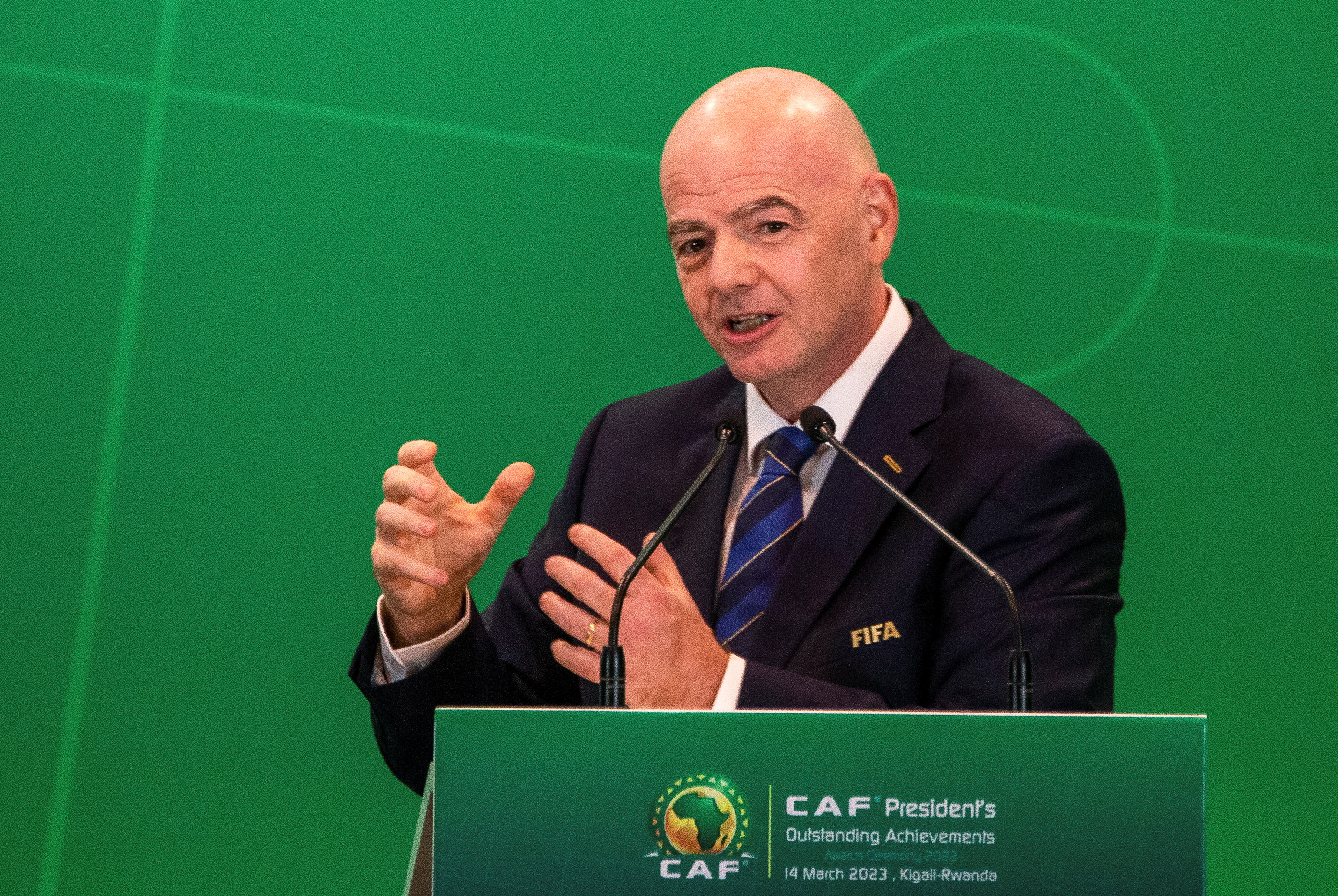 FIFA president Gianni Infantino addresses delegates during the CAF President's Outstanding Achievement Awards, in Kigali