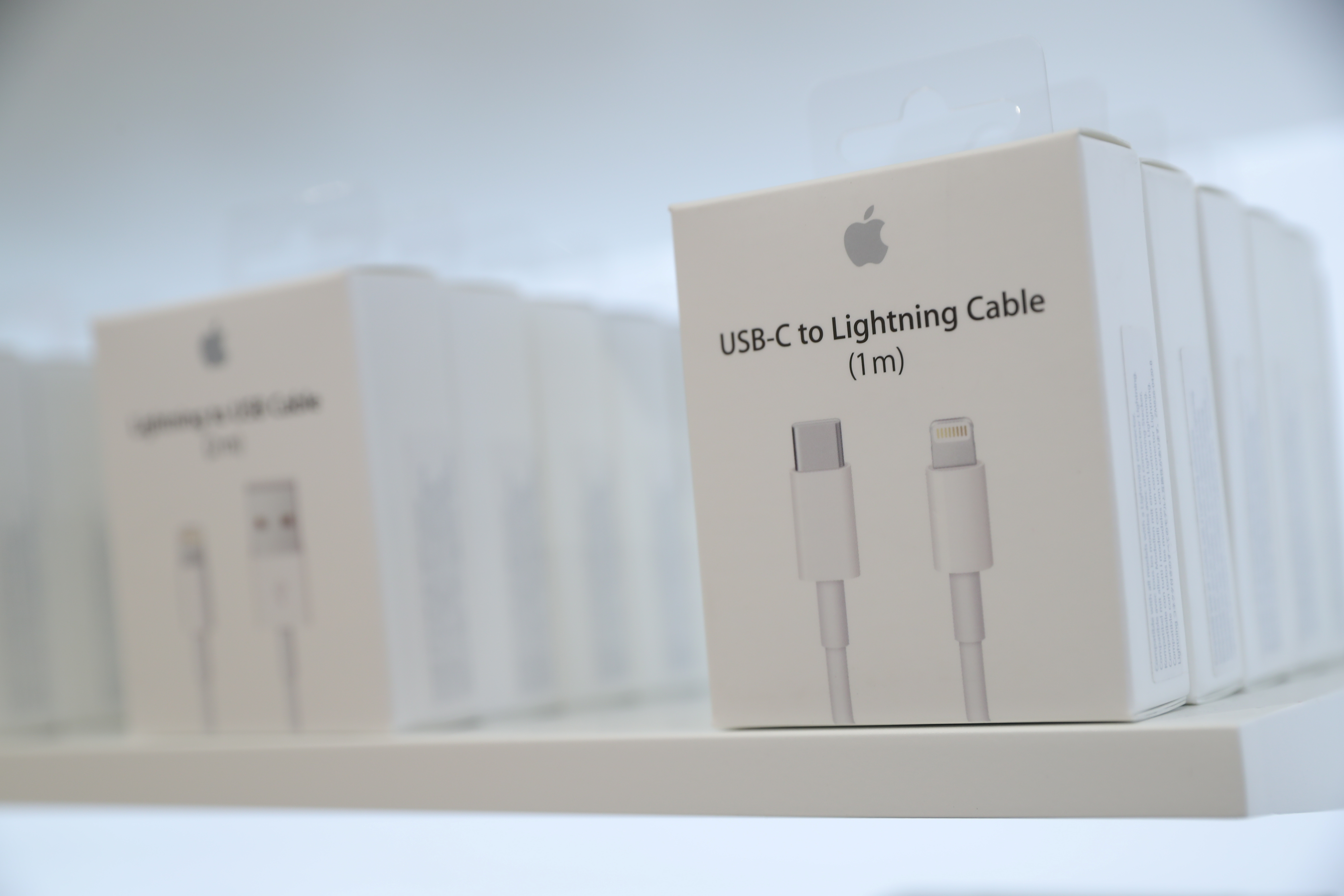 USB-C to Lightning Cable adapters are seen at a new Apple store in Chicago