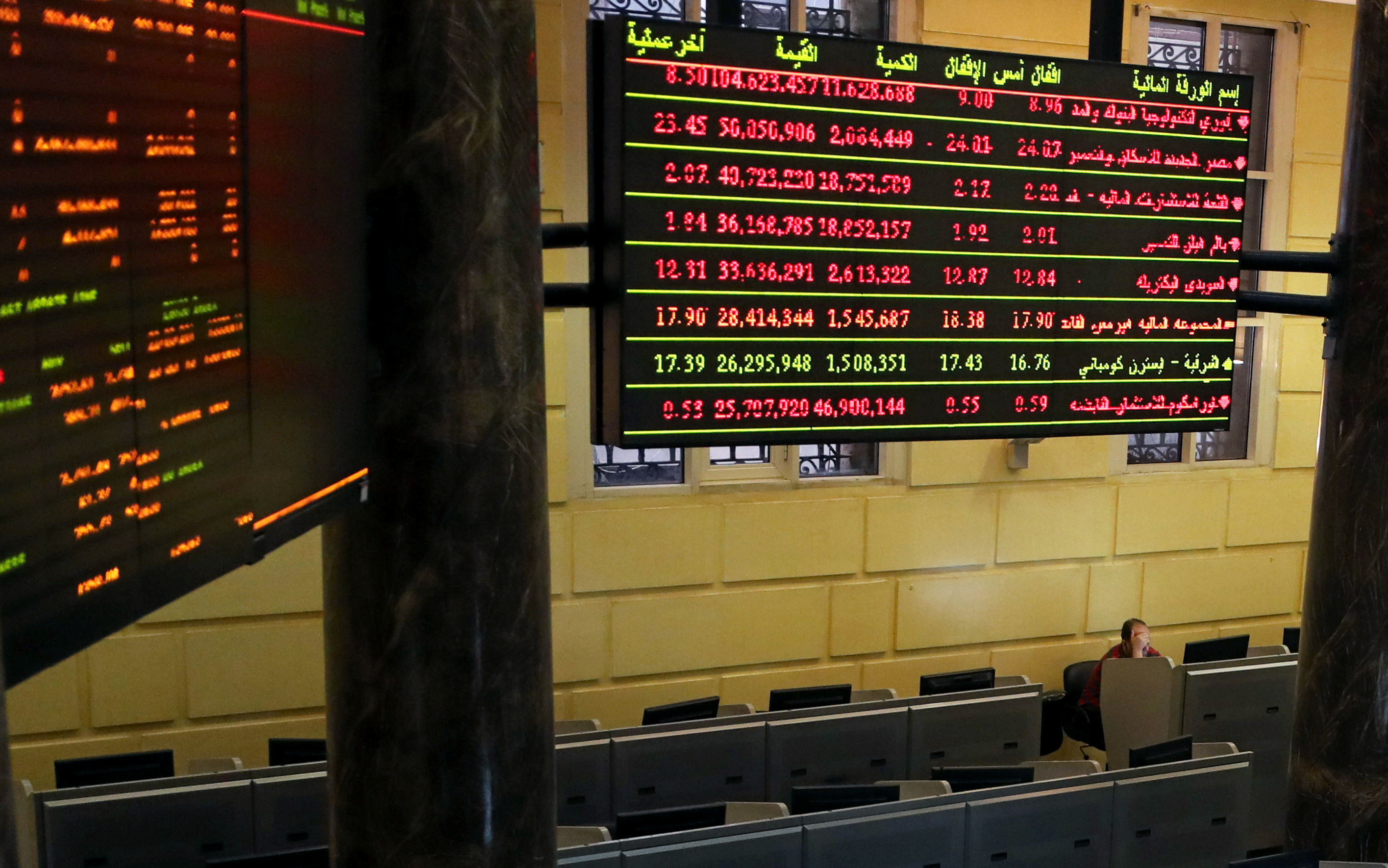 A trader works at the Egyptian stock exchange in Cairo