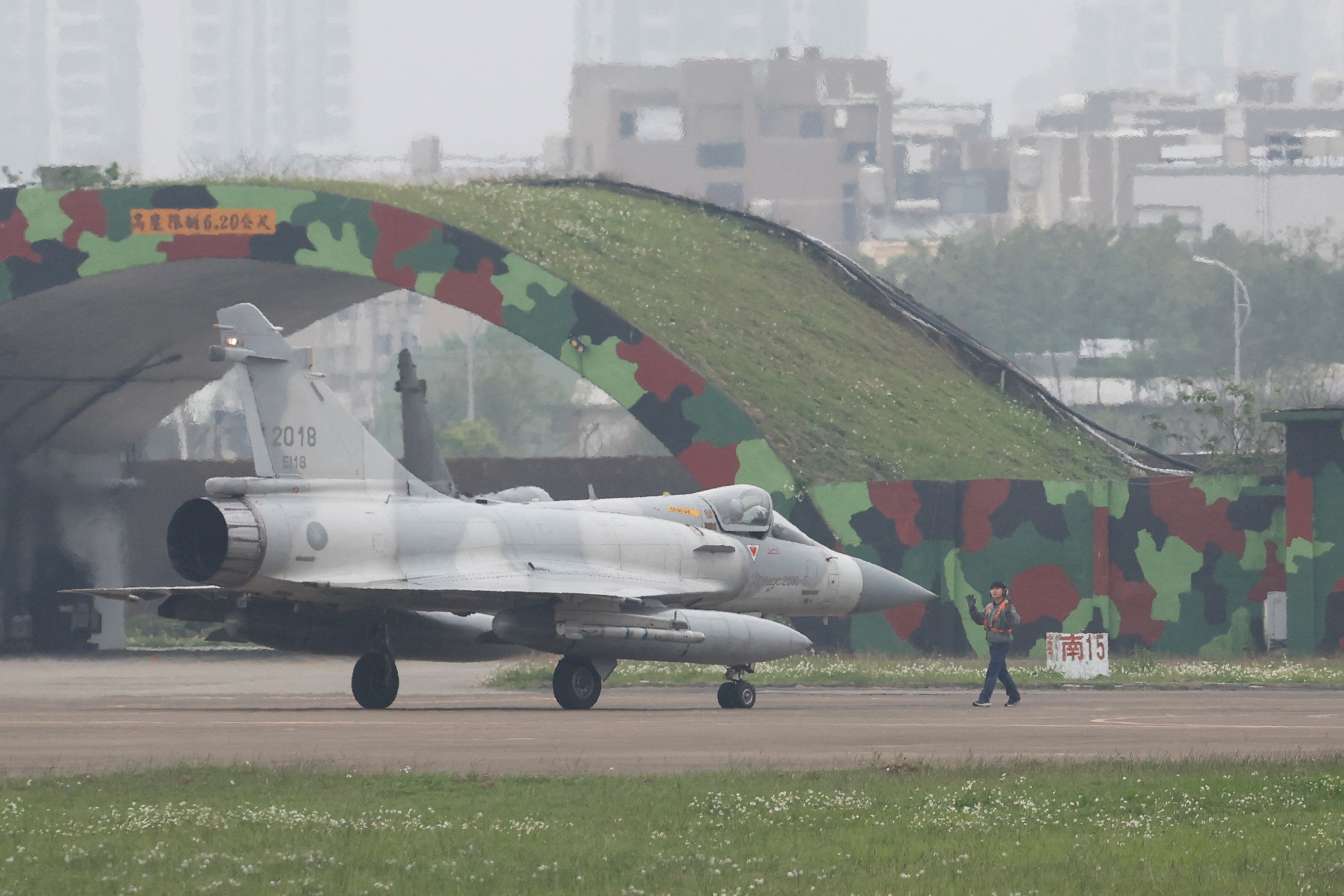 A Taiwan Air Force Mirage 2000-5 aircraft prepares to take off at Hsinchu Air Base in Hsinchu
