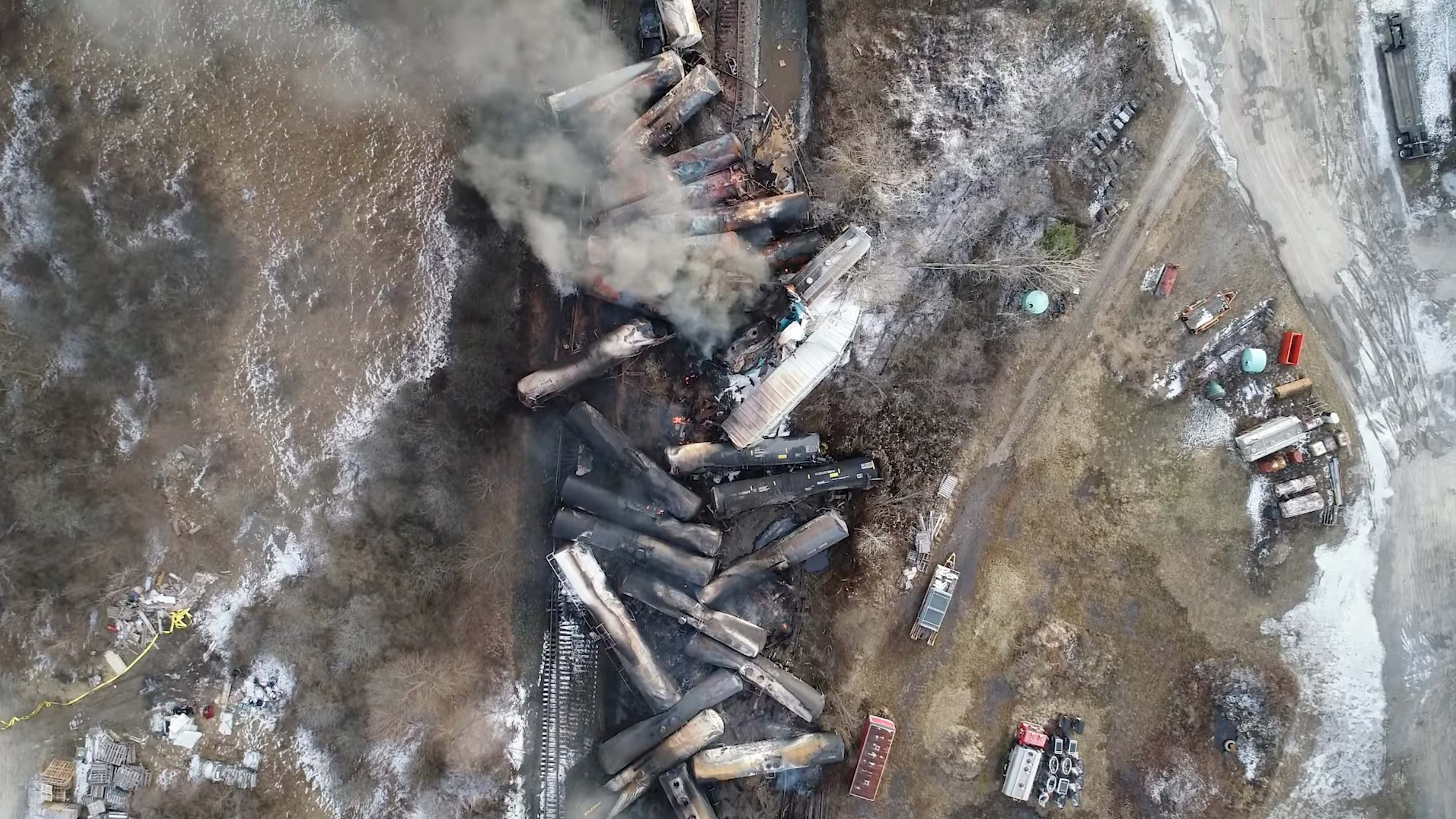 A drone footage shows the freight train derailment in East Palestine, Ohio