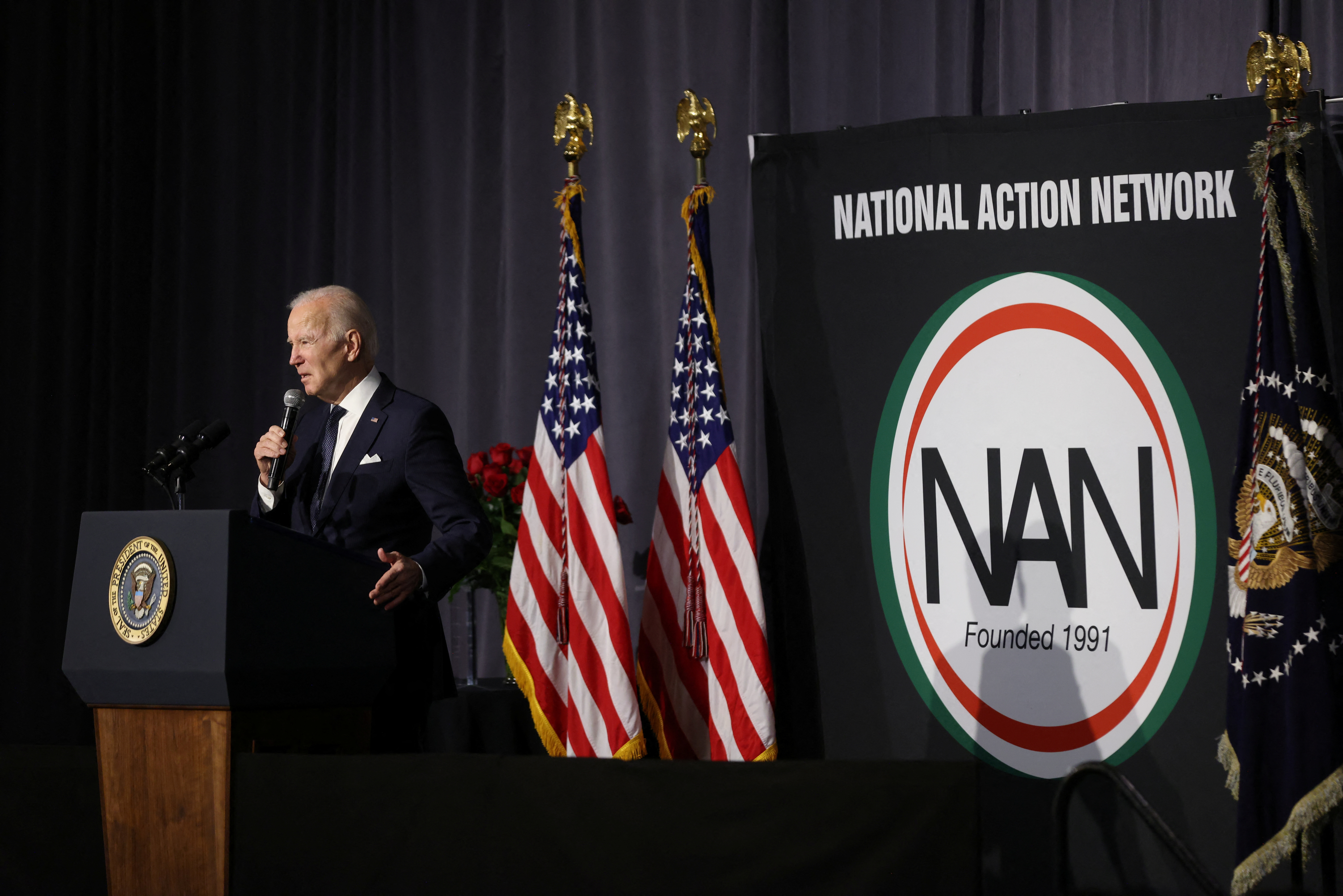 U.S. President Joe Biden delivers remarks at the National Action Network's (NAN) annual Martin Luther King, Jr. Day breakfast in Washington