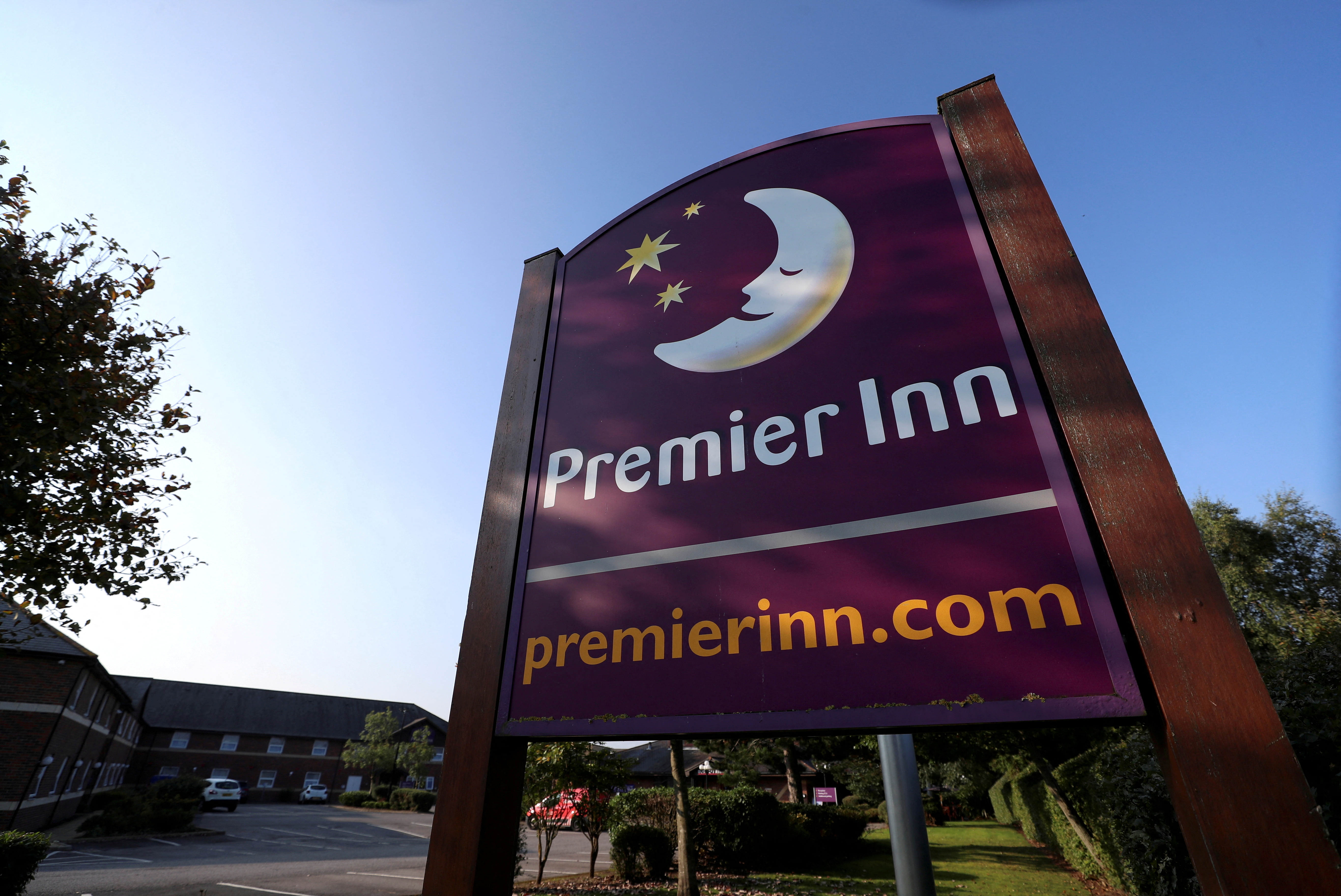 A signage of the Premier Inn Hotel is seen outside the Durham North branch, in County Durham