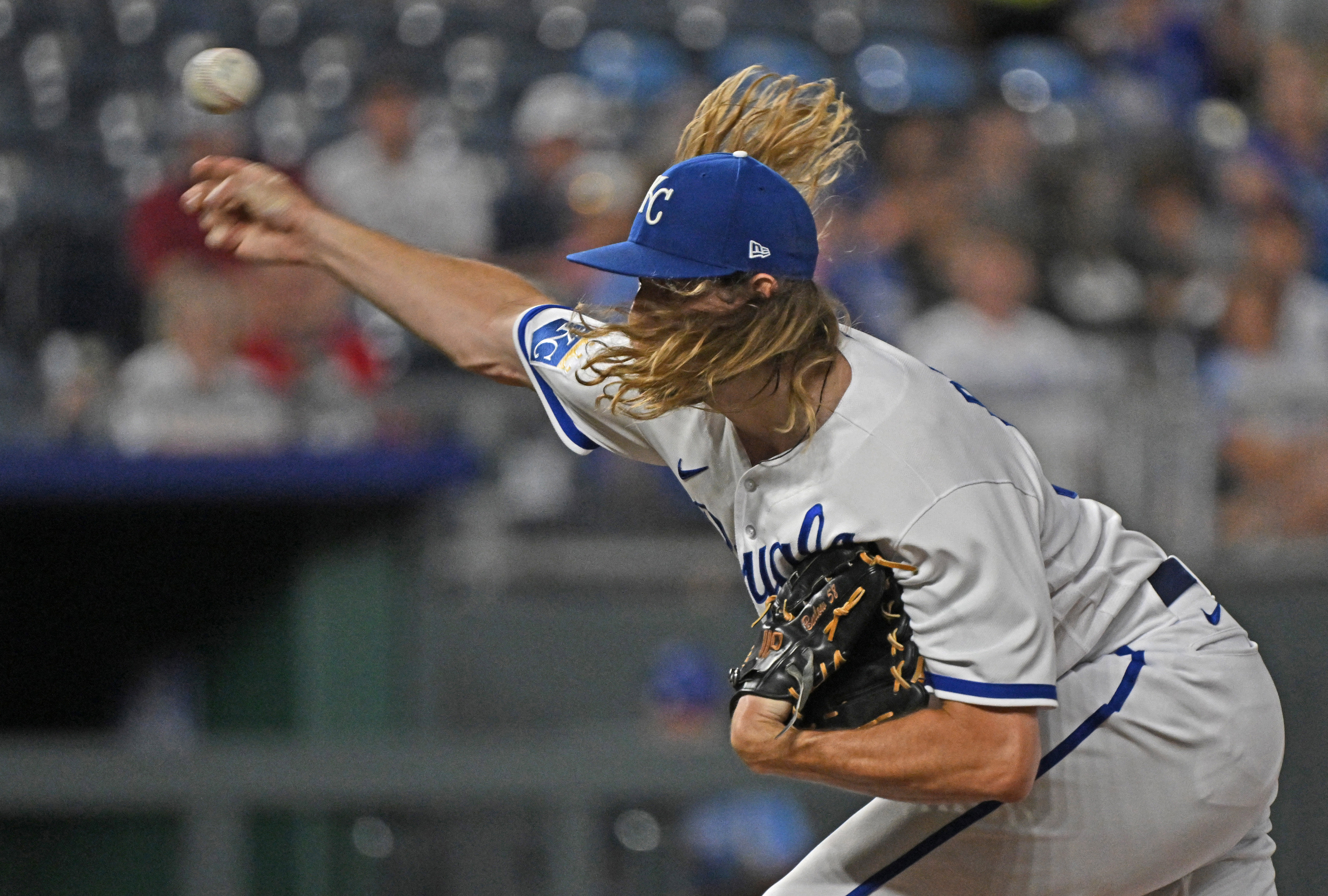 KANSAS CITY, MO - APRIL 18: Kansas City Royals center fielder Kyle Isbel  (28) during an MLB game between the Texas Rangers and Kansas City Royals on  April 18, 2023 at Kauffman