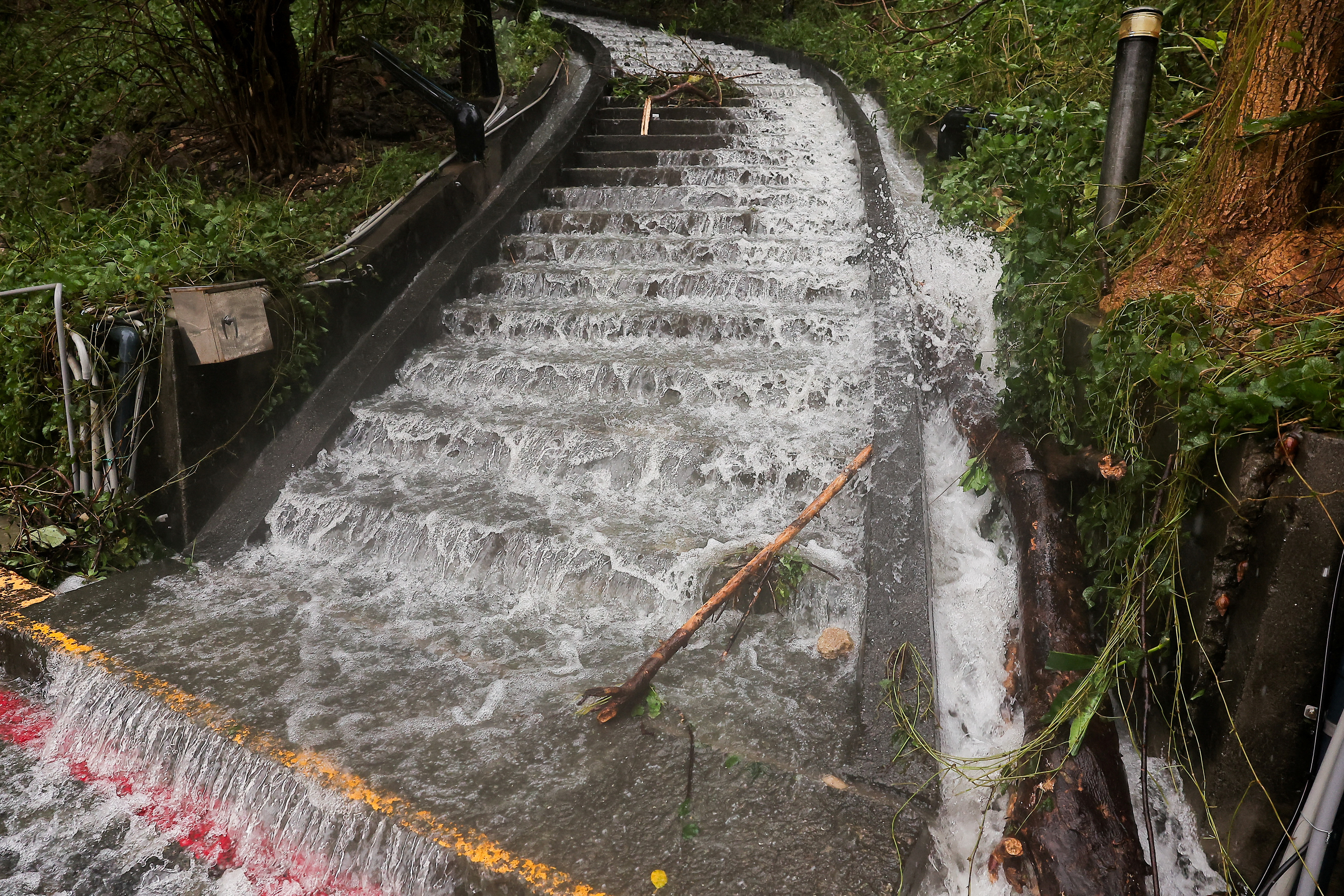 A view of water running down the stairs after Typhoon Krathon made landfall in Kaohsiung