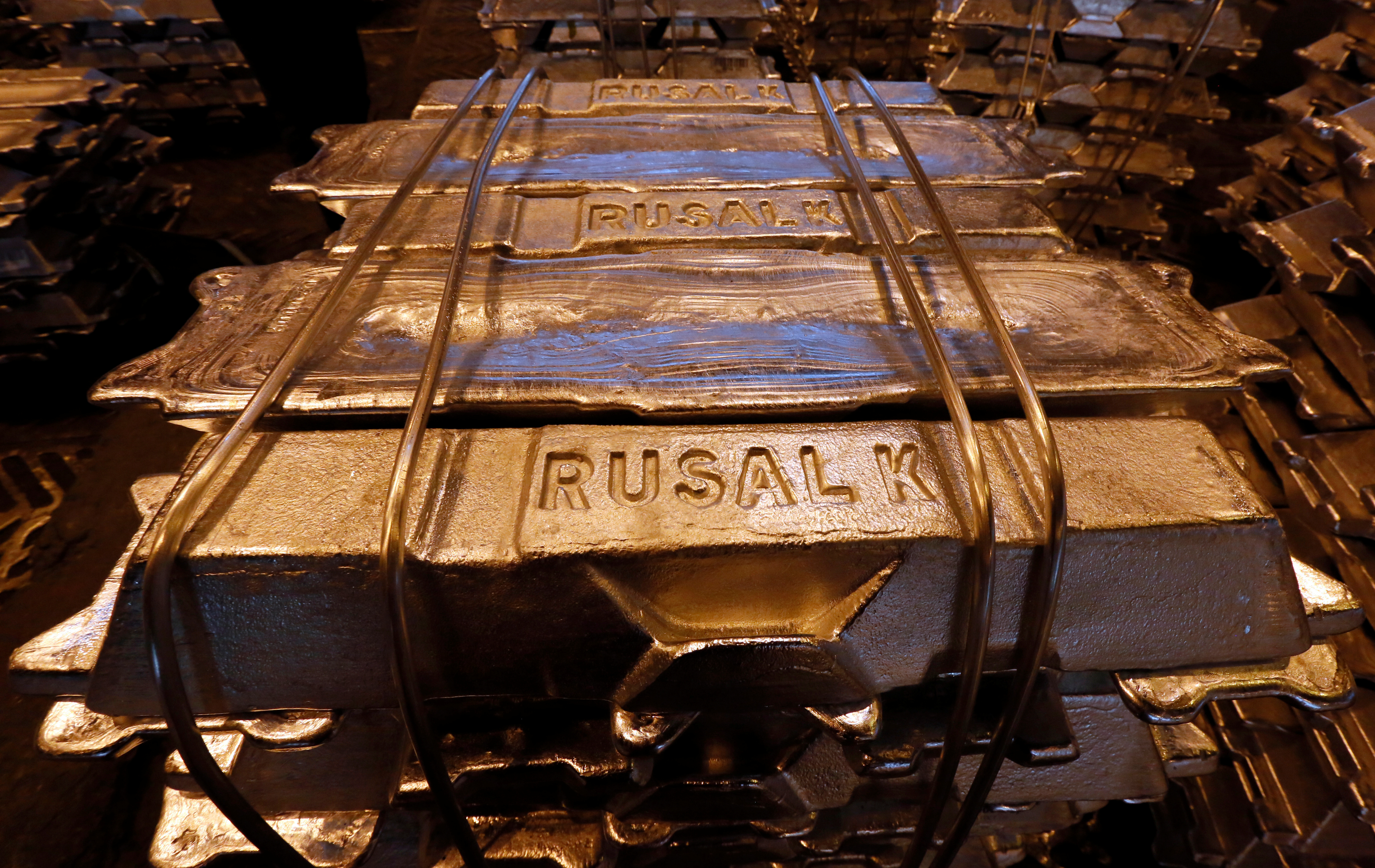 Aluminium ingots are seen stored at the foundry shop of the Rusal Krasnoyarsk aluminium smelter in Krasnoyarsk, Russia October 3, 2018.  REUTERS/Ilya Naymushin