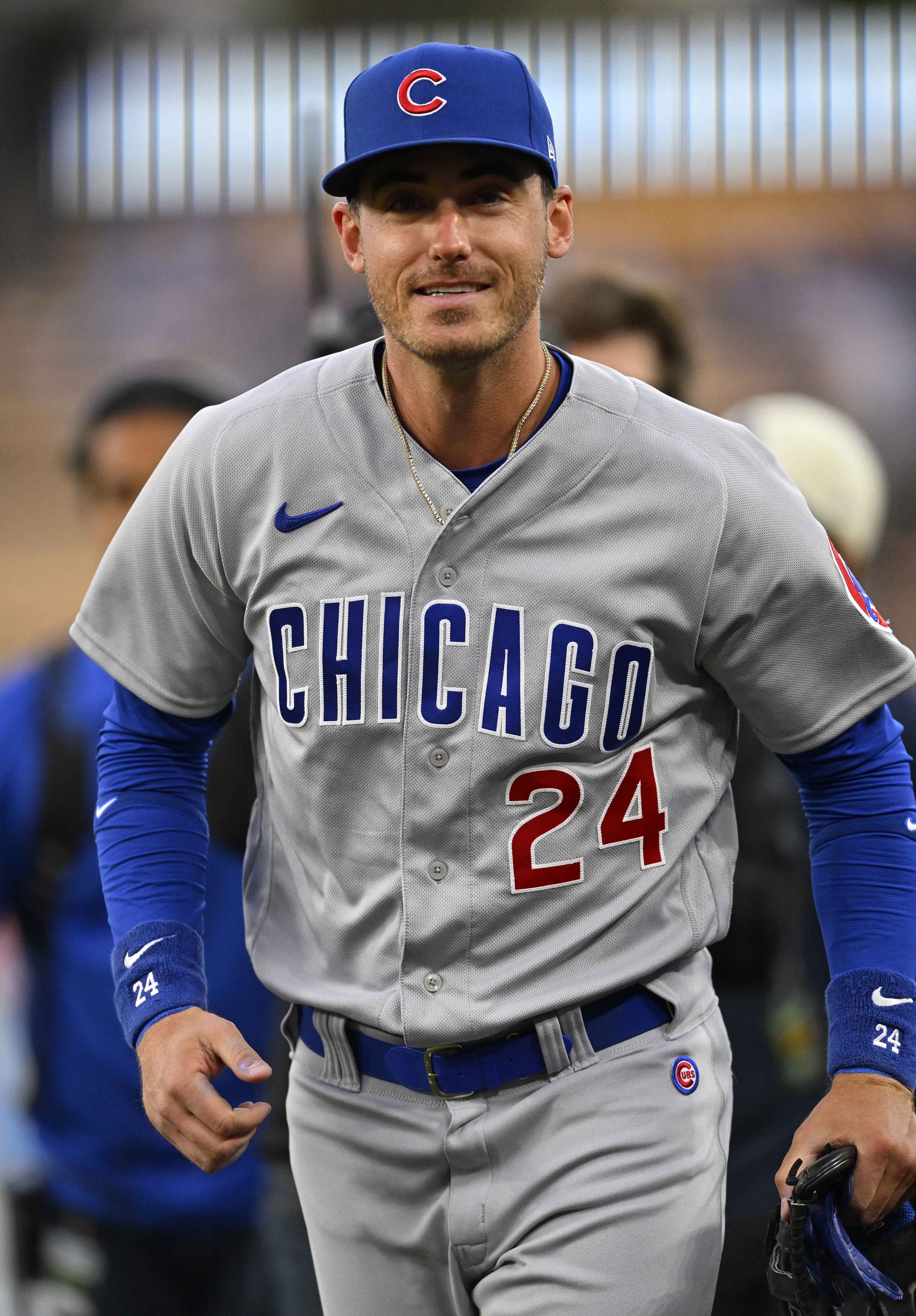 Dansby Swanson of the Chicago Cubs warms up before the spring