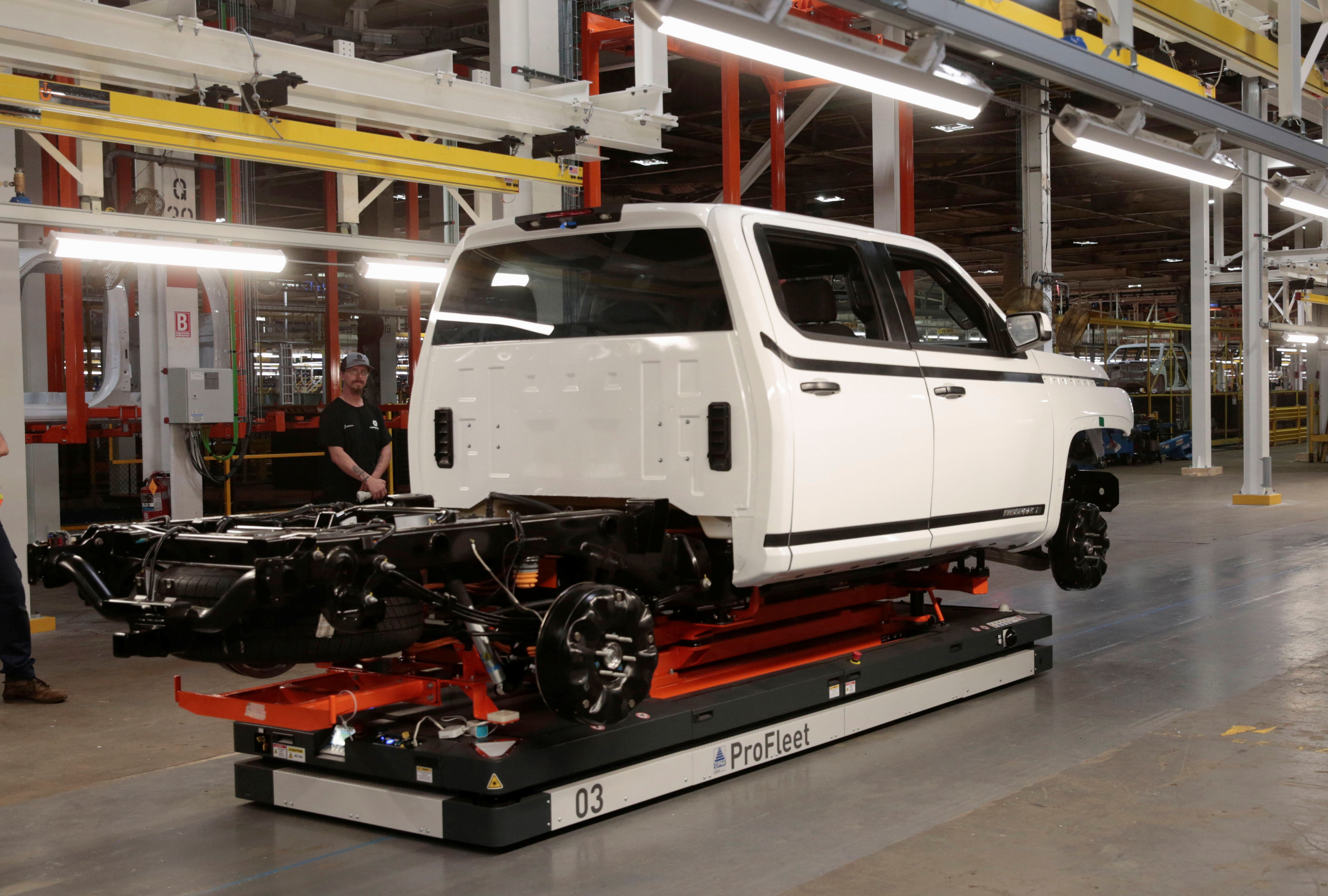 A Lordstown Motors pre-production all electric pickup truck, the Endurance, is seen after being merged with a chassis