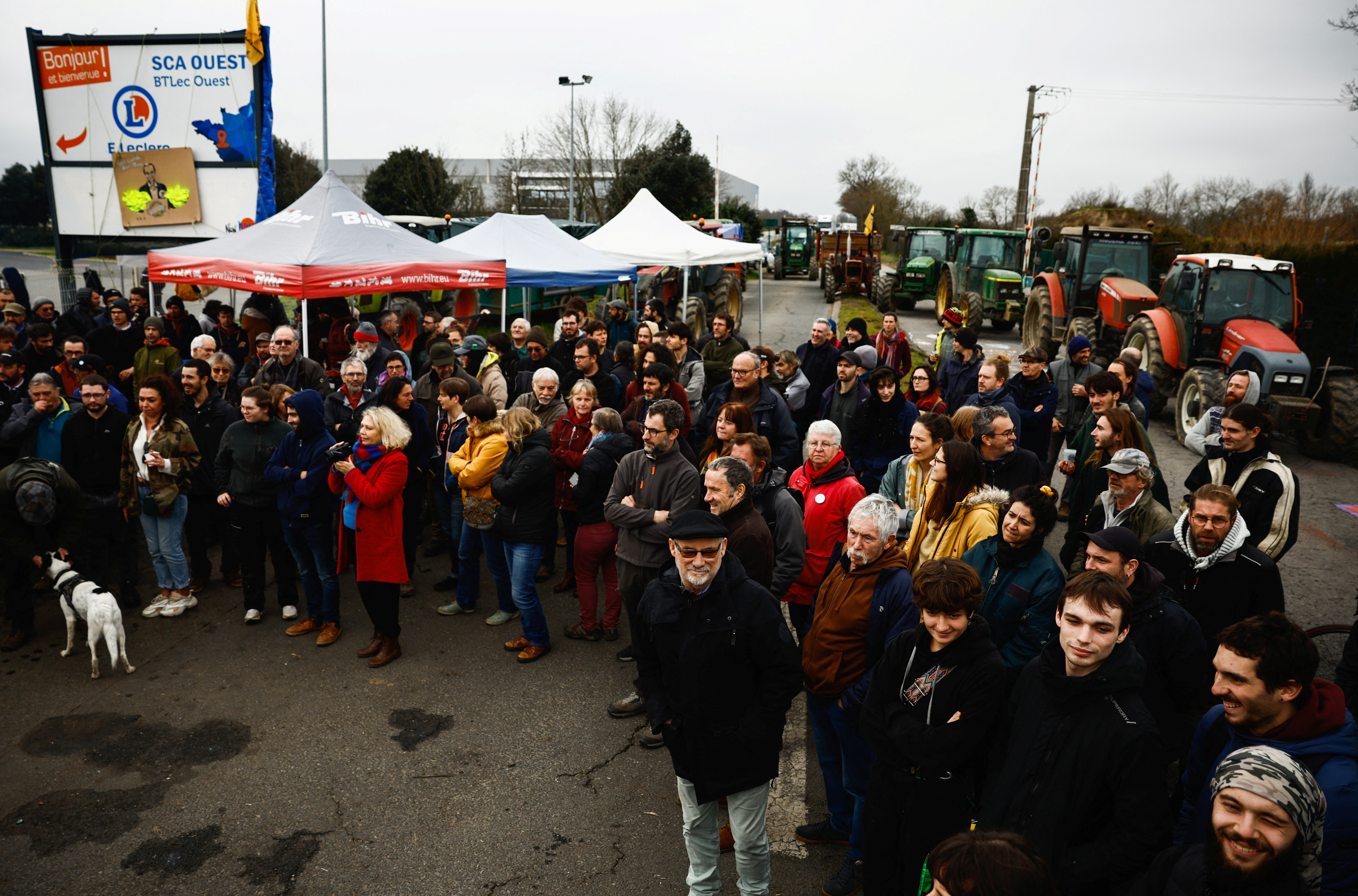 French farmers block an Edouard Leclerc distribution center near Nantes