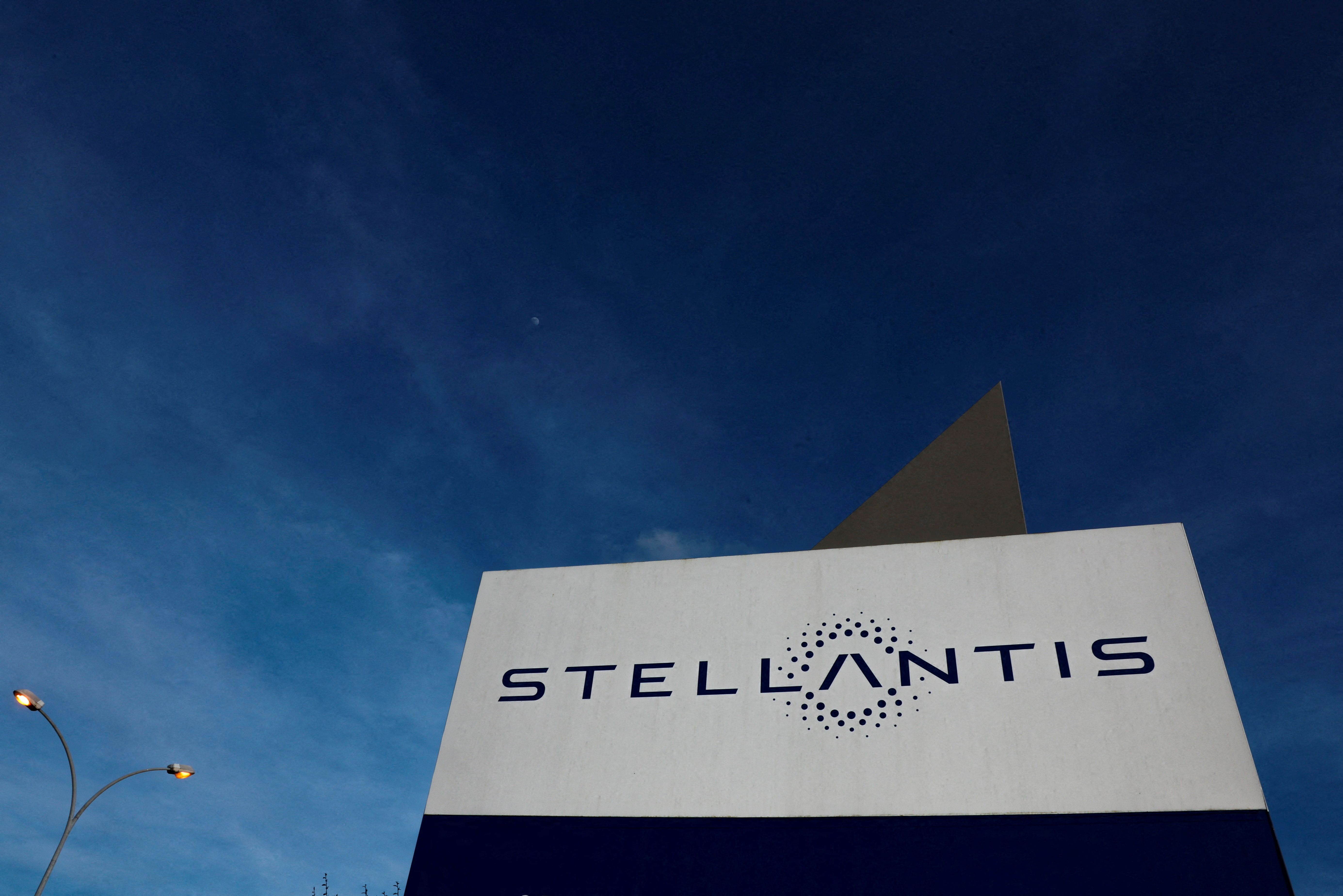 The logo of Stellantis is seen on the company's building in Velizy-Villacoublay near Paris