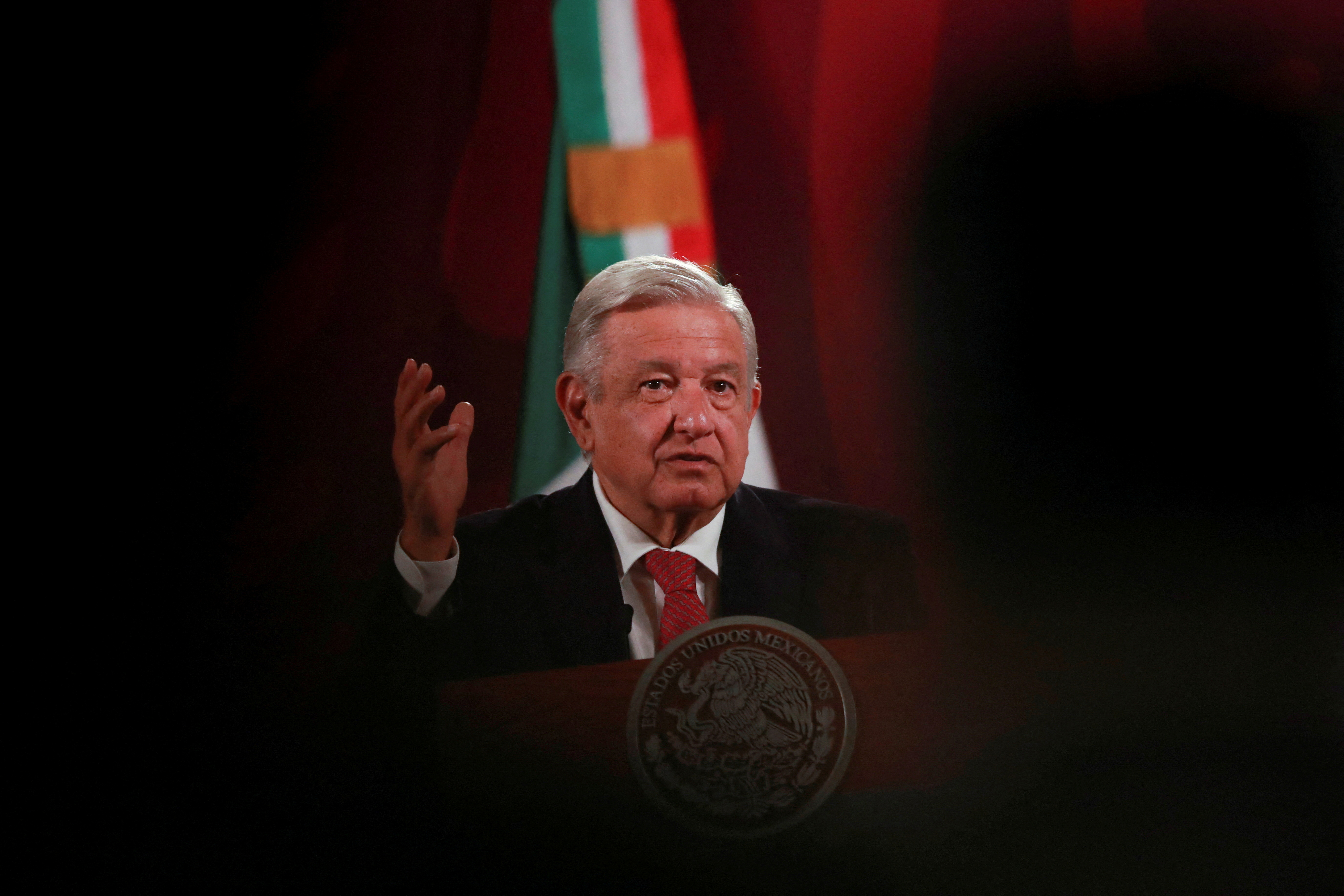 Mexico's President Andres Manuel Lopez Obrador holds a news conference, at the National Palace in Mexico City