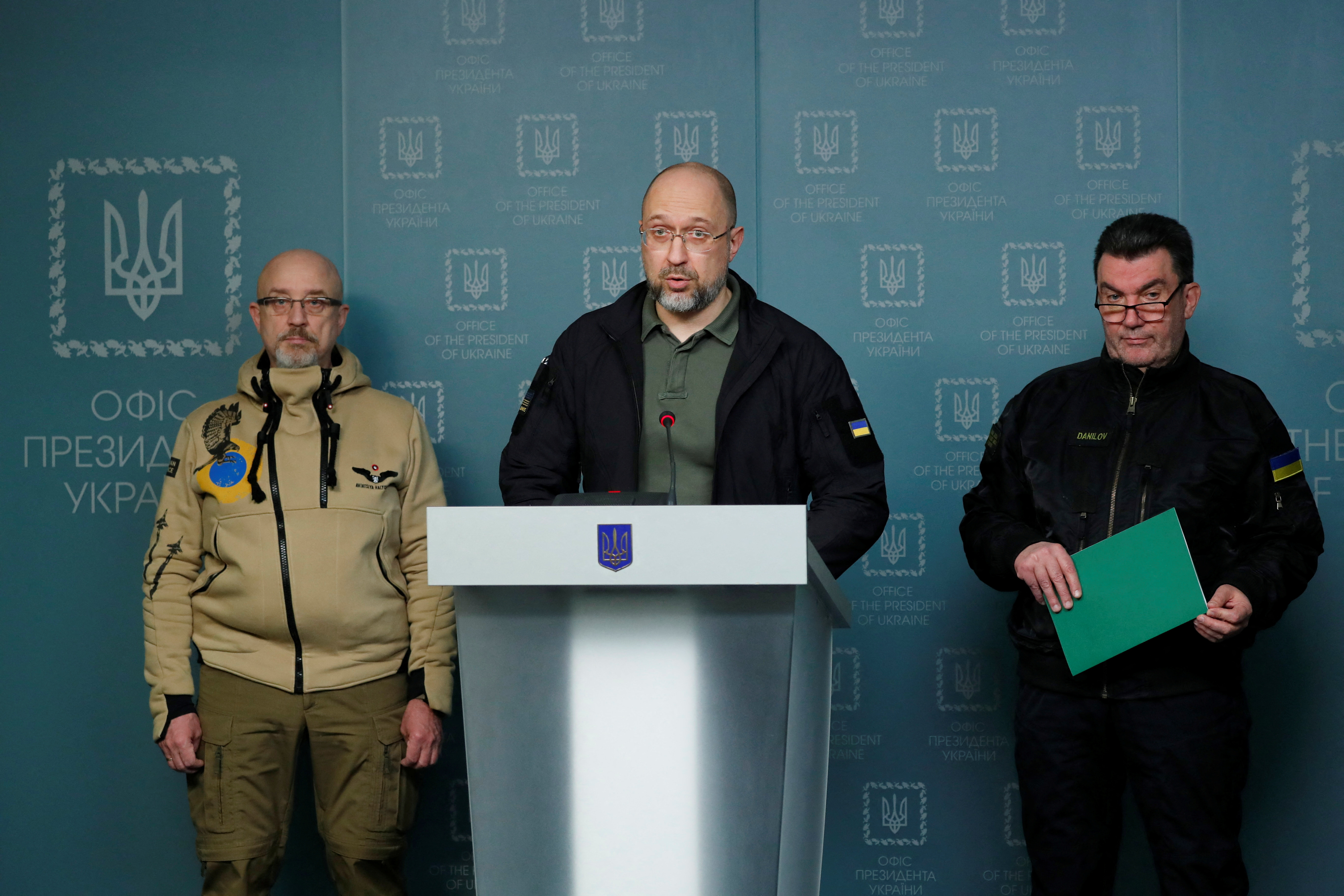 Ukrainian PM Shmyhal speaks during a news briefing in Kyiv