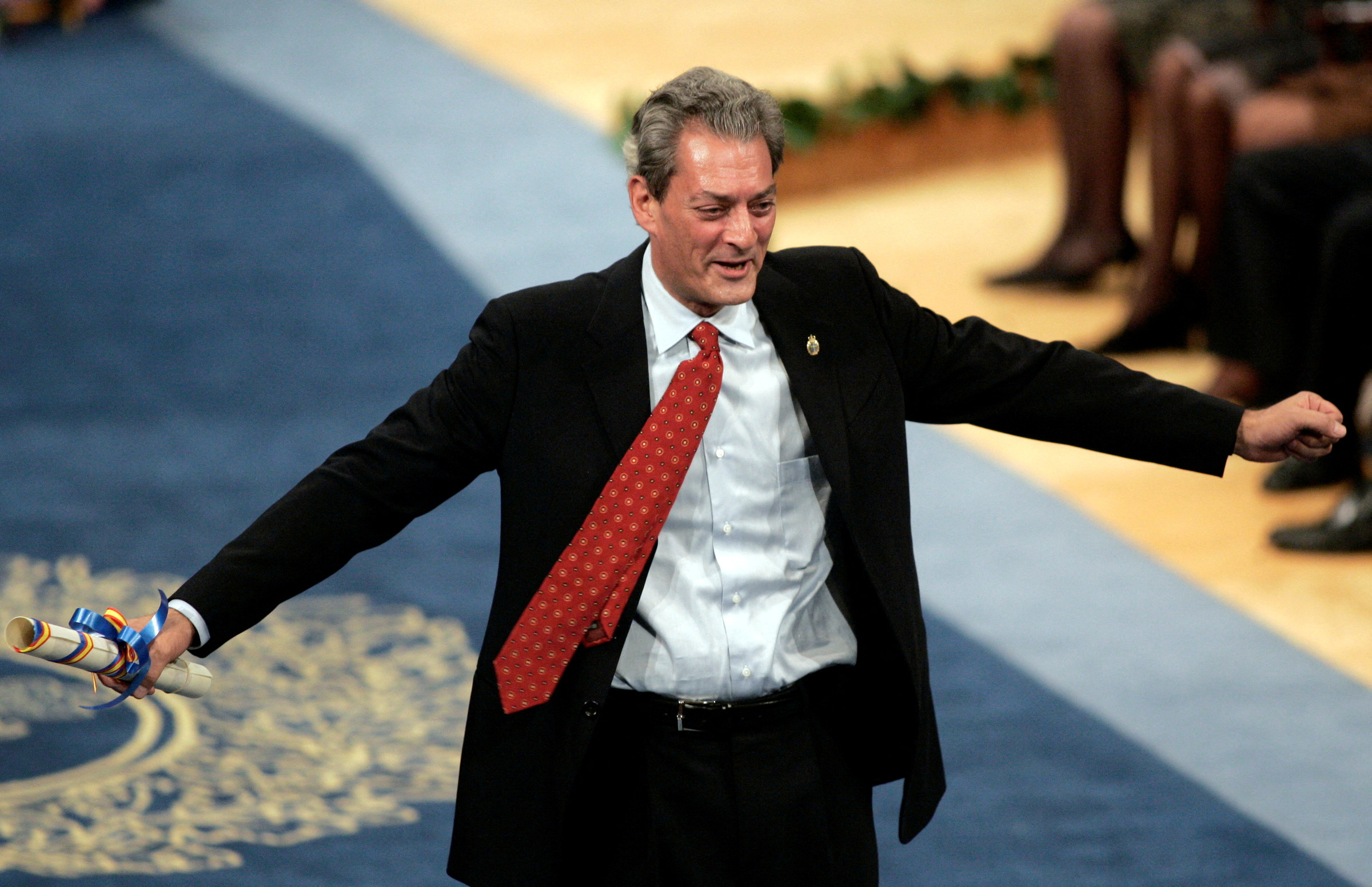 US writer Paul Auster gestures after he received Prince of Asturias award for Letters in Oviedo