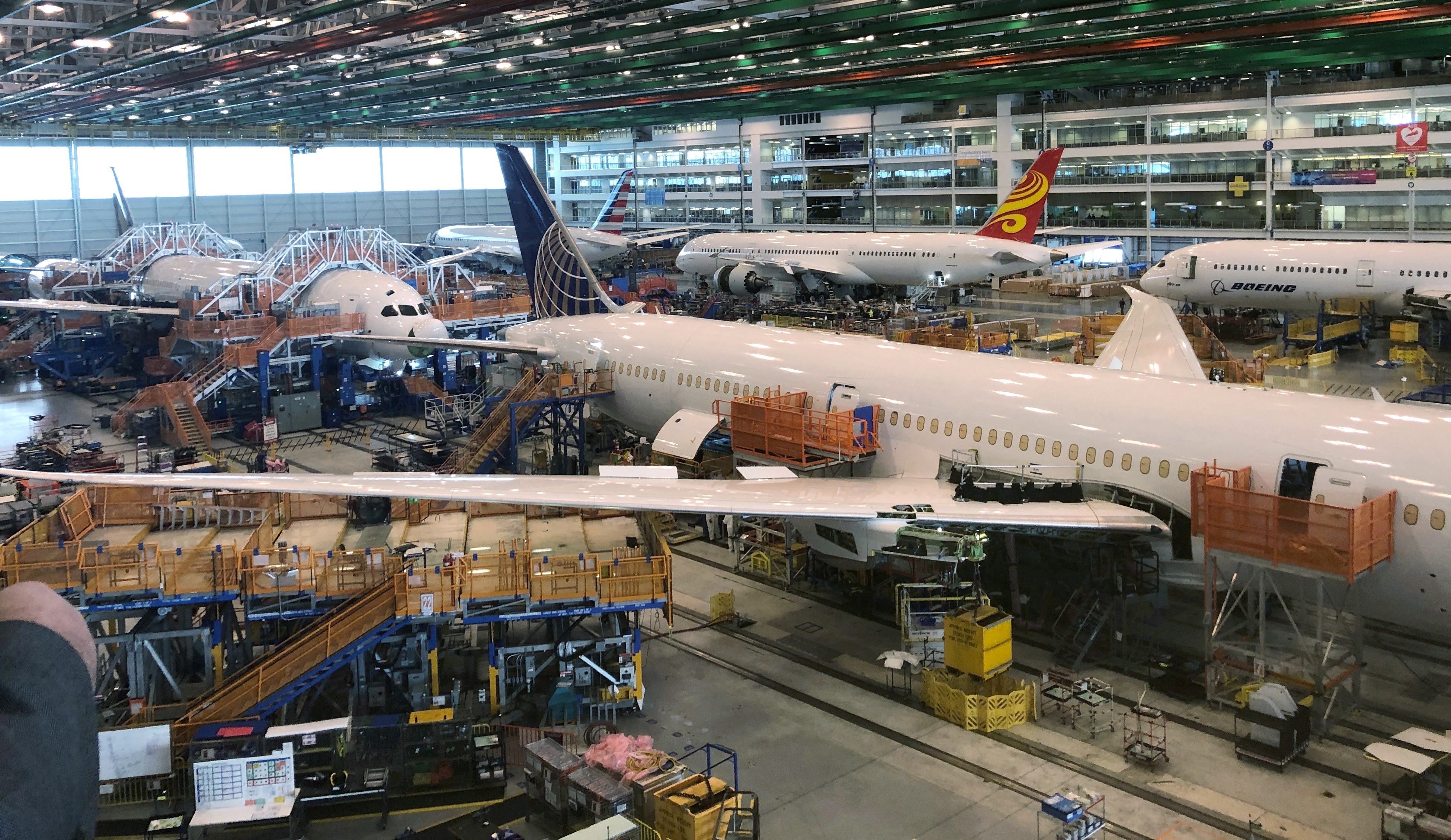 Boeing 787 Dreamliners are shown in final production at widebody factory in North Charleston