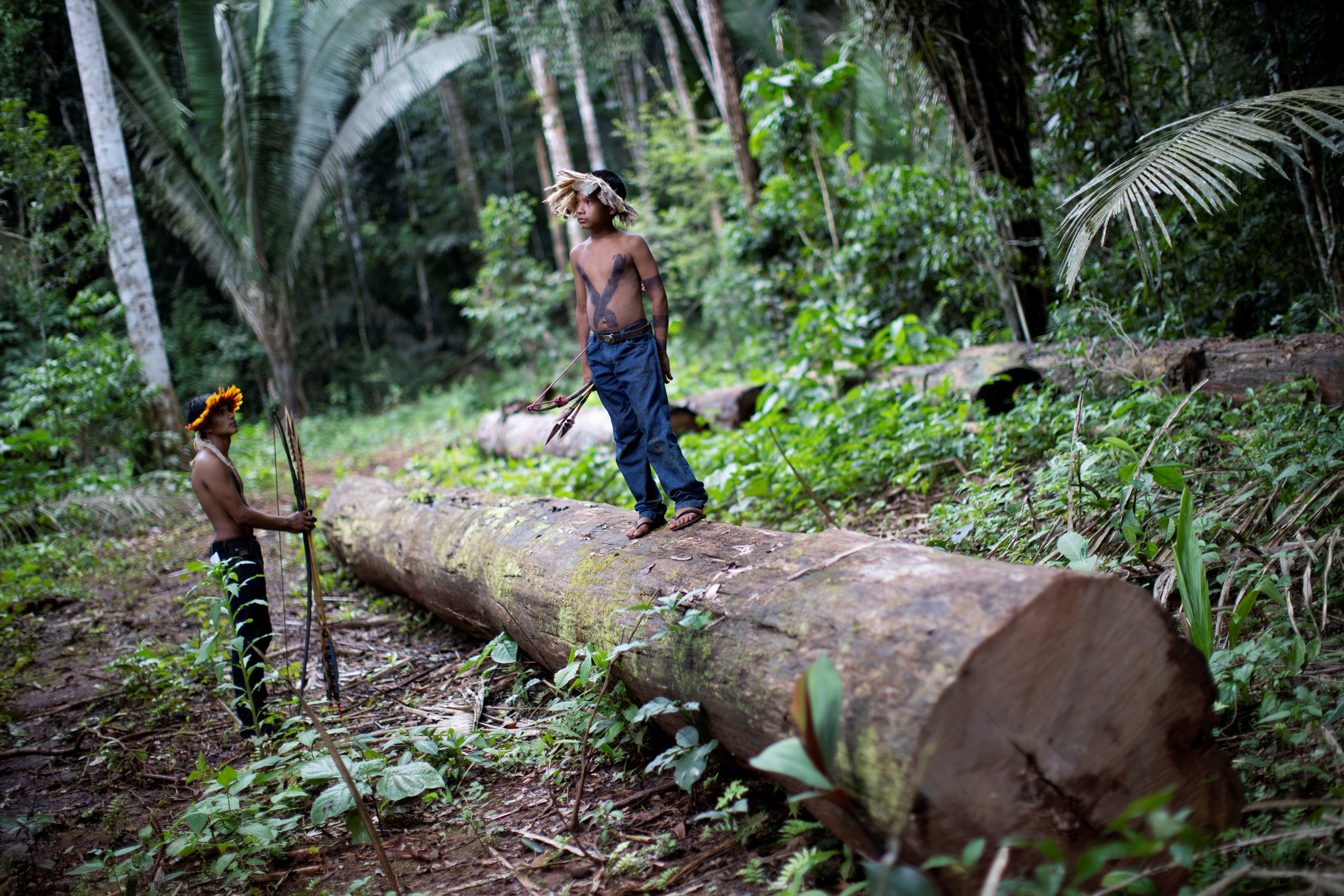 Indigenous men make an inspection an area deforested by invaders, after a meeting was called in the village of Alto Jamari to face the threat of armed land grabbers invading the Uru-eu-wau-wau Indigenous Reservation near Campo Novo de Rondonia